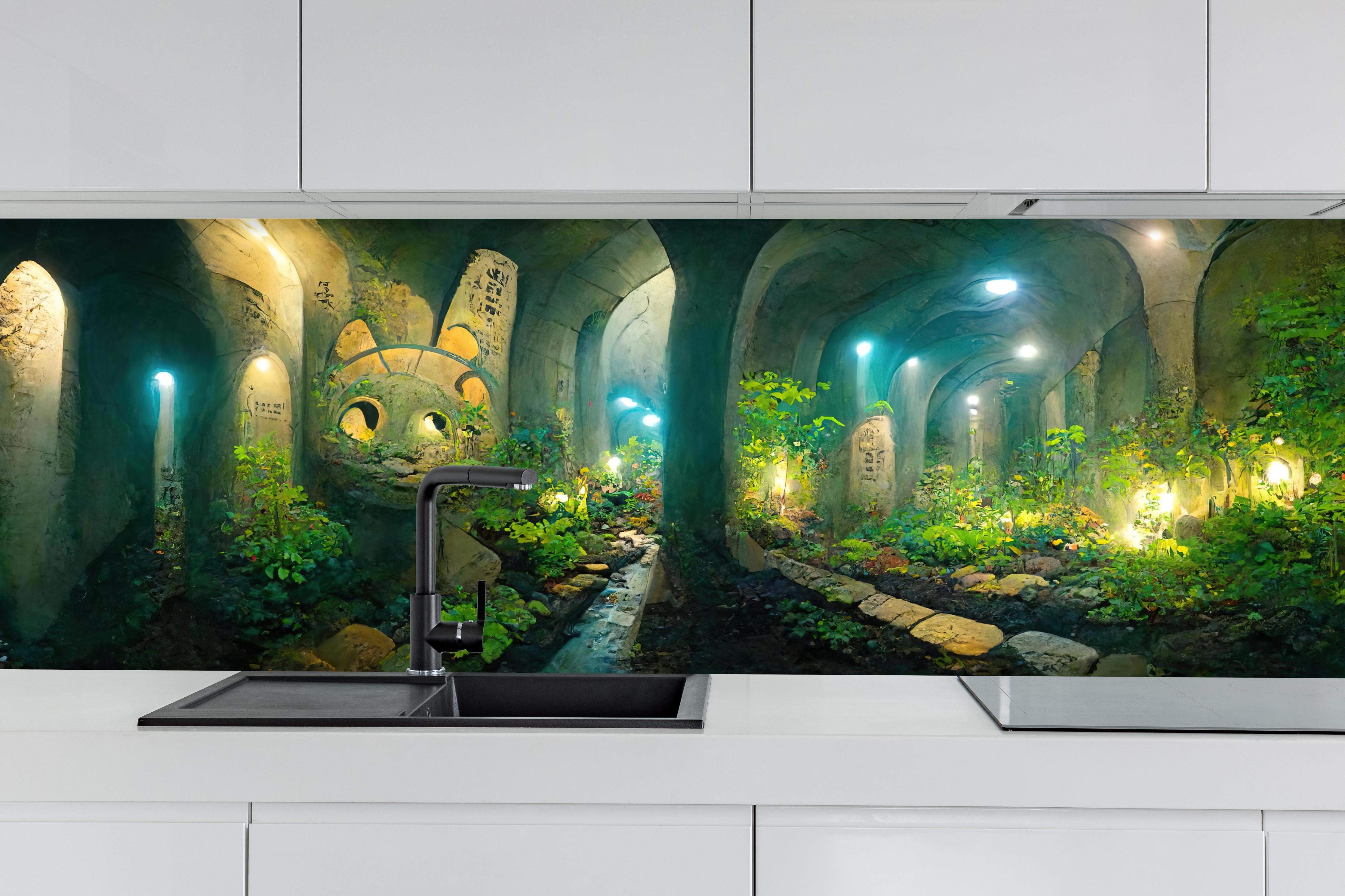 Küche - Grüner Wald im Tunnel hinter weißen Hochglanz-Küchenregalen und schwarzem Wasserhahn
