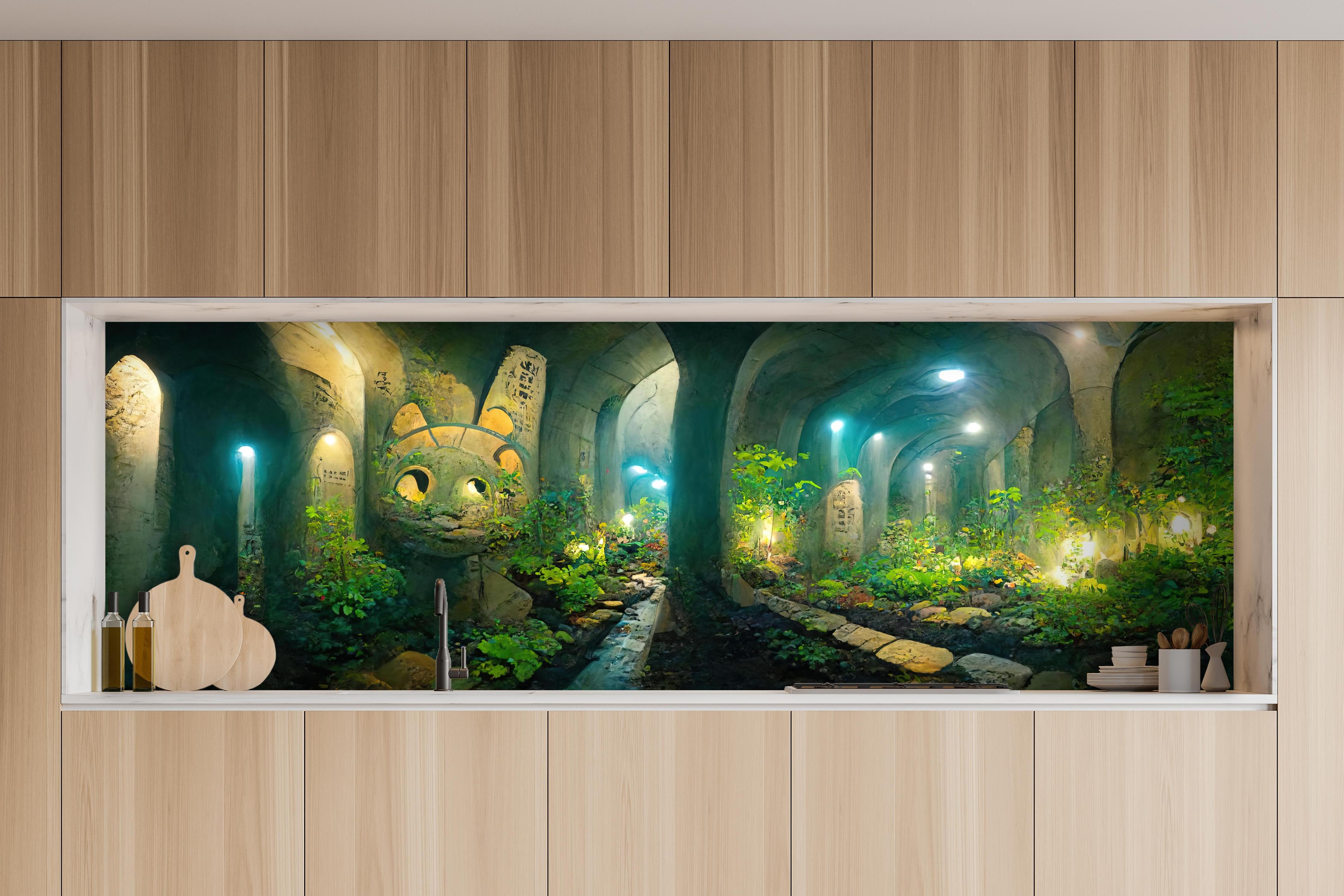 Küche - Grüner Wald im Tunnel hinter weißen Hochglanz-Küchenregalen und schwarzem Wasserhahn