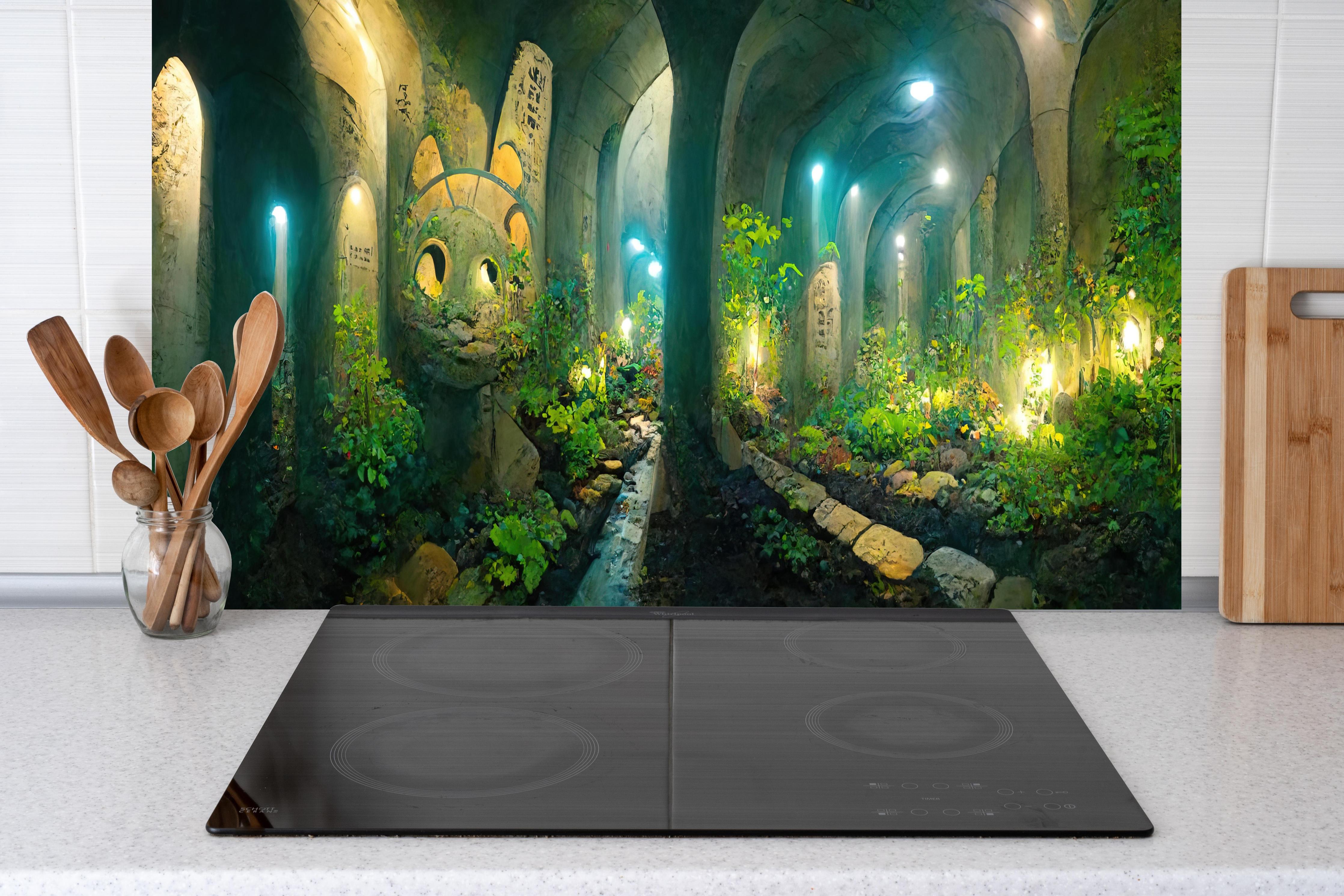 Küche - Grüner Wald im Tunnel hinter weißen Hochglanz-Küchenregalen und schwarzem Wasserhahn