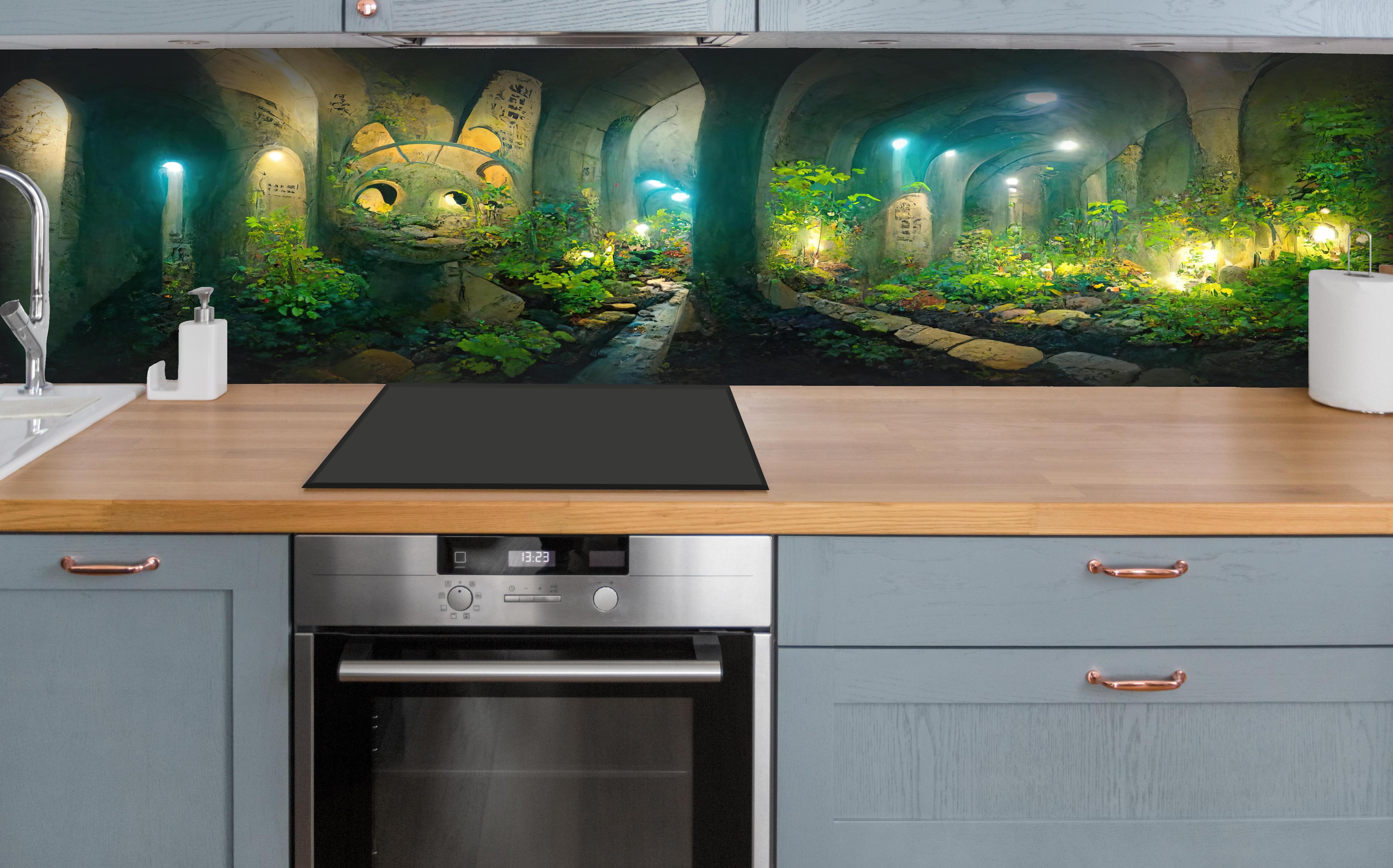 Küche - Grüner Wald im Tunnel hinter weißen Hochglanz-Küchenregalen und schwarzem Wasserhahn