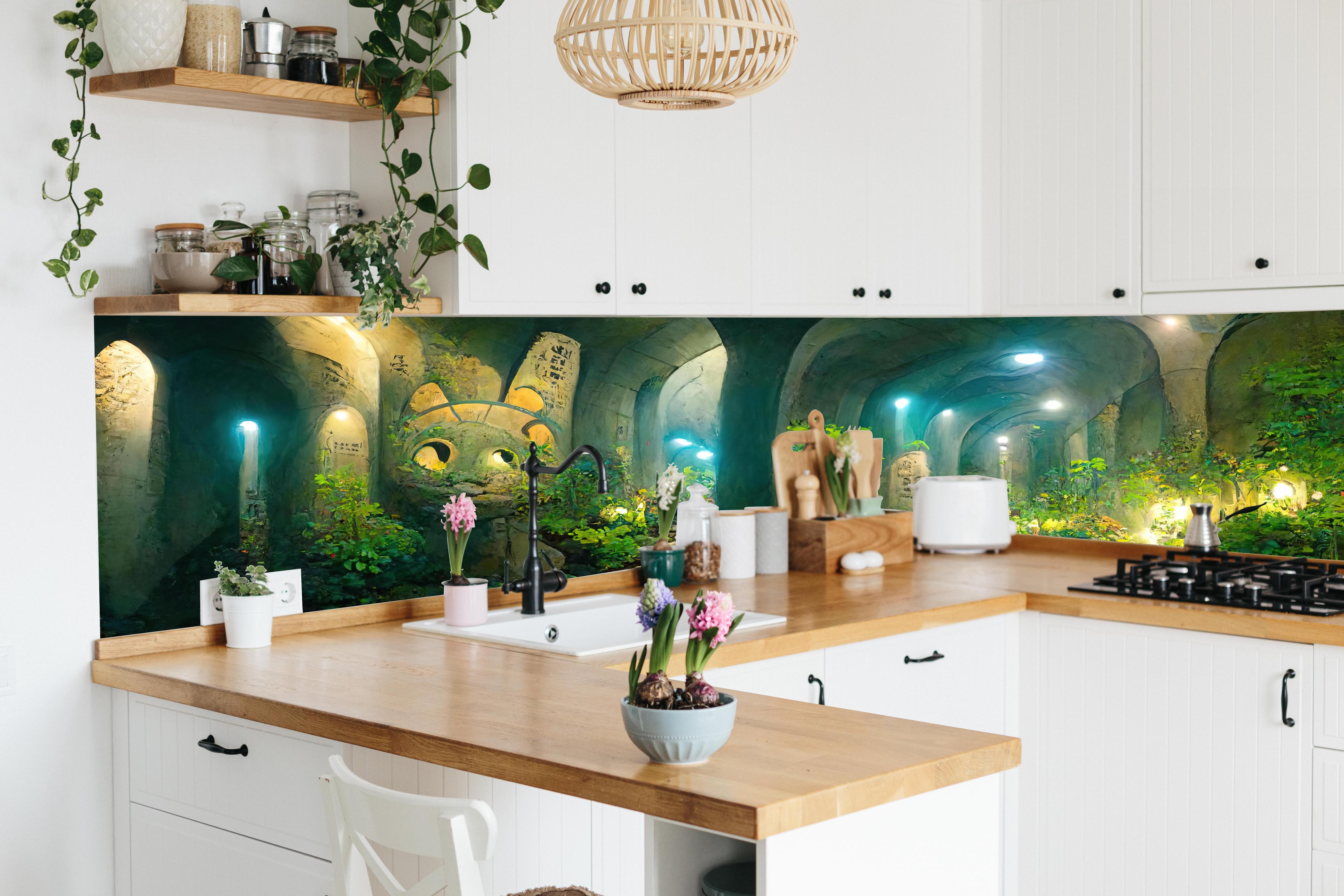 Küche - Grüner Wald im Tunnel hinter weißen Hochglanz-Küchenregalen und schwarzem Wasserhahn