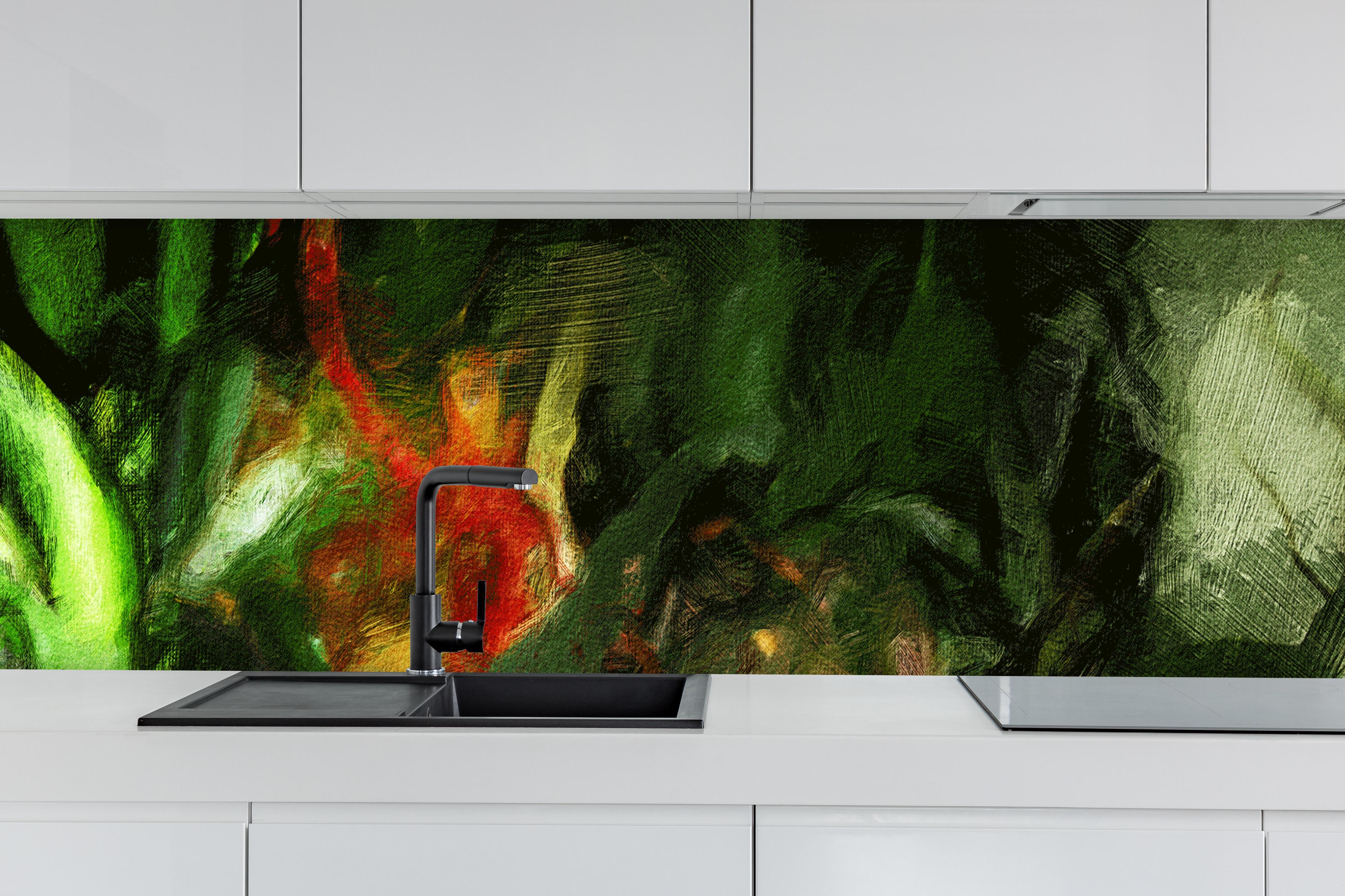 Küche - Grünes surreales Muster digitale Ölmalerei hinter weißen Hochglanz-Küchenregalen und schwarzem Wasserhahn