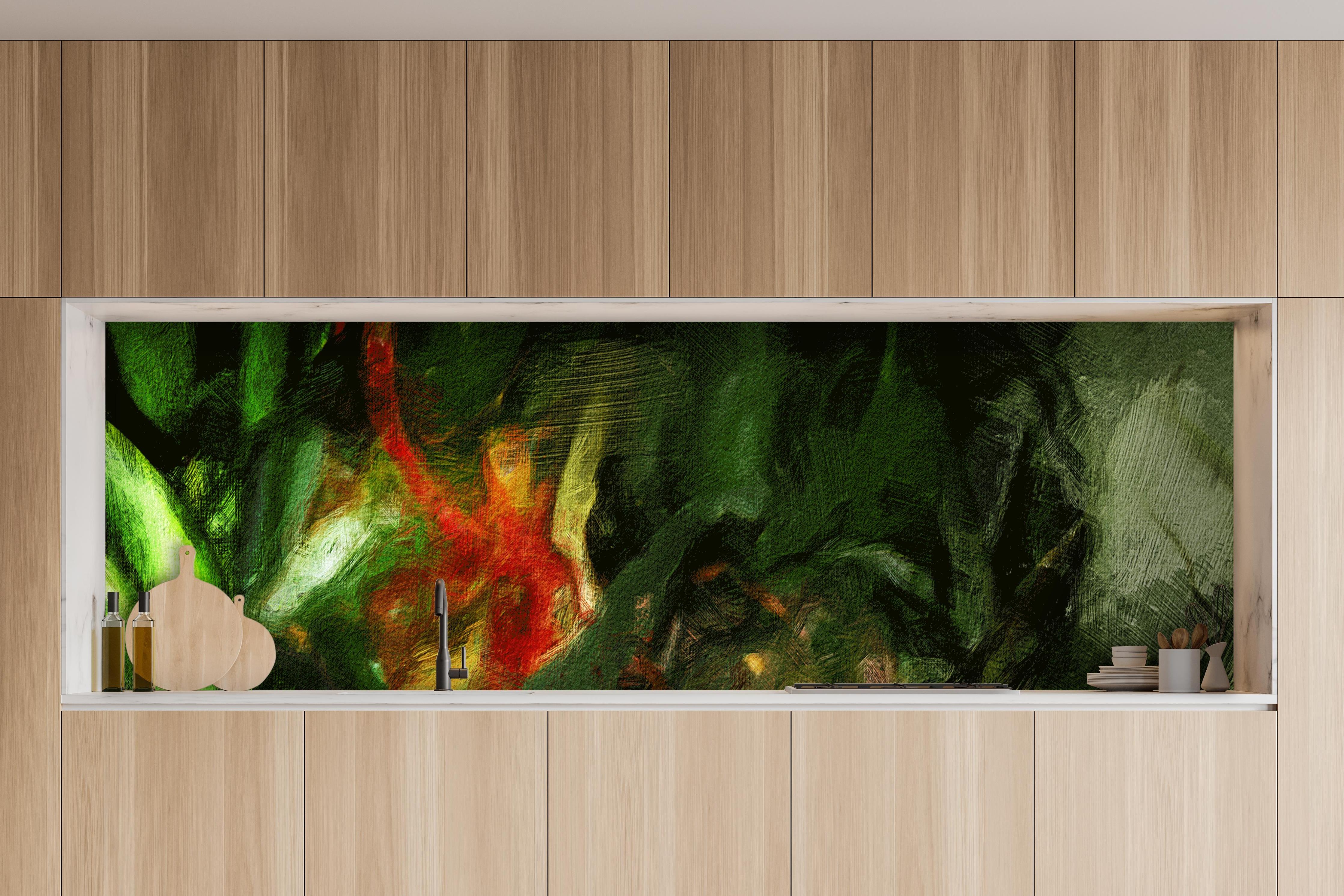Küche - Grünes surreales Muster digitale Ölmalerei hinter weißen Hochglanz-Küchenregalen und schwarzem Wasserhahn