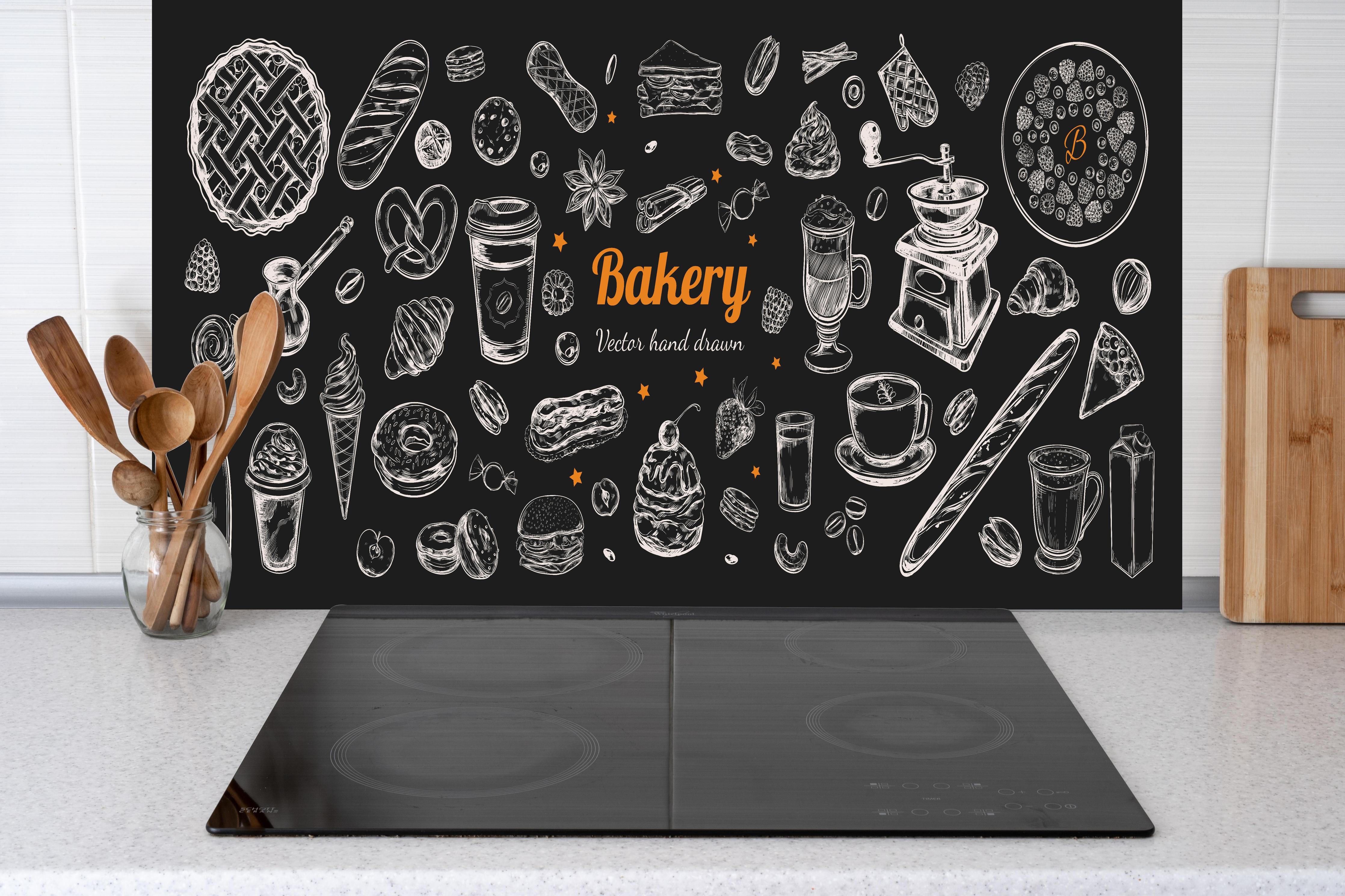 Küche - Handgezeichnete Bäckerei-Motivillustration hinter weißen Hochglanz-Küchenregalen und schwarzem Wasserhahn