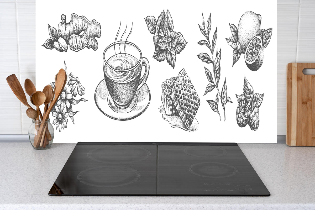 Küche - Handgezeichnete Tee und Zutaten Illustration hinter weißen Hochglanz-Küchenregalen und schwarzem Wasserhahn