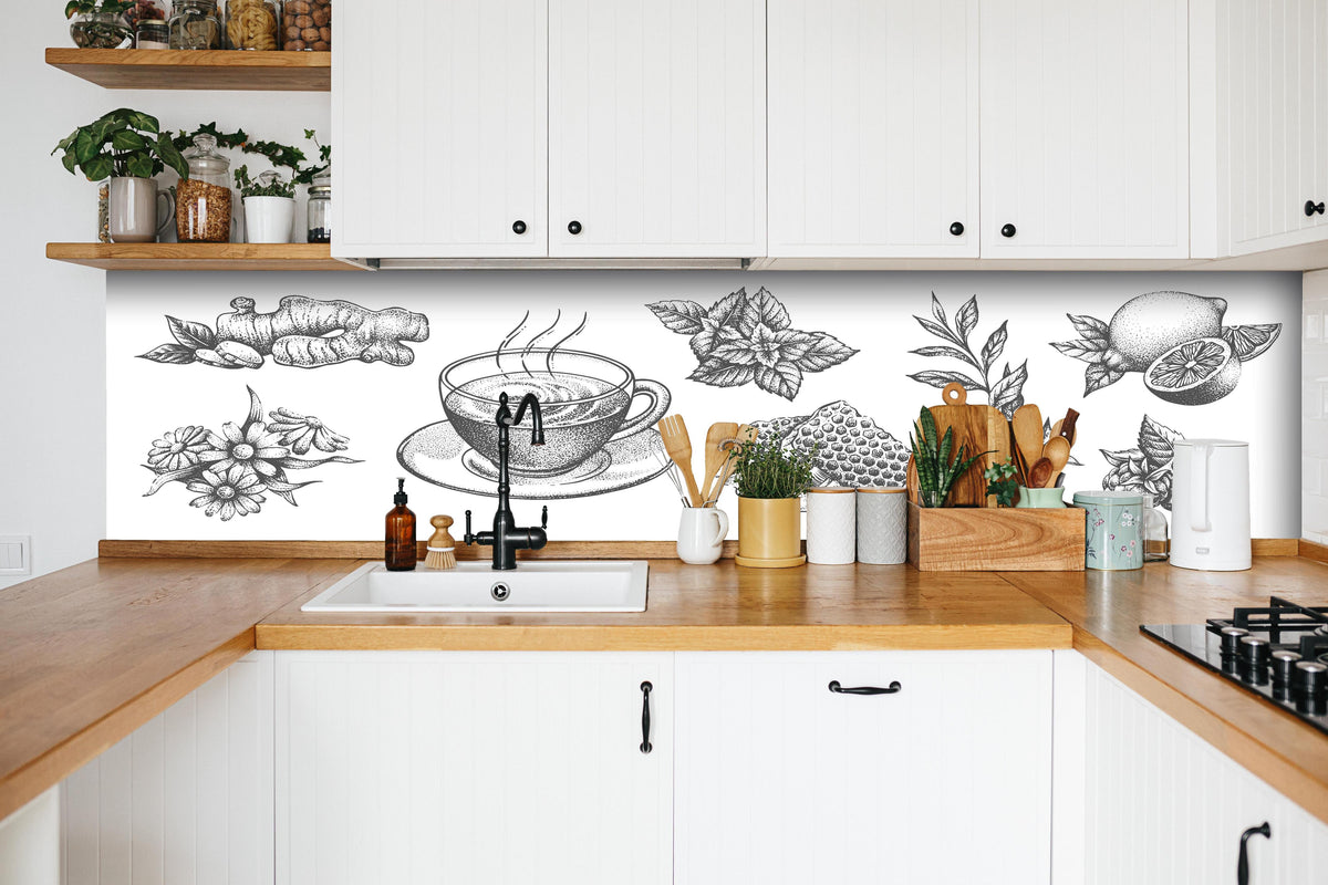 Küche - Handgezeichnete Tee und Zutaten Illustration hinter weißen Hochglanz-Küchenregalen und schwarzem Wasserhahn