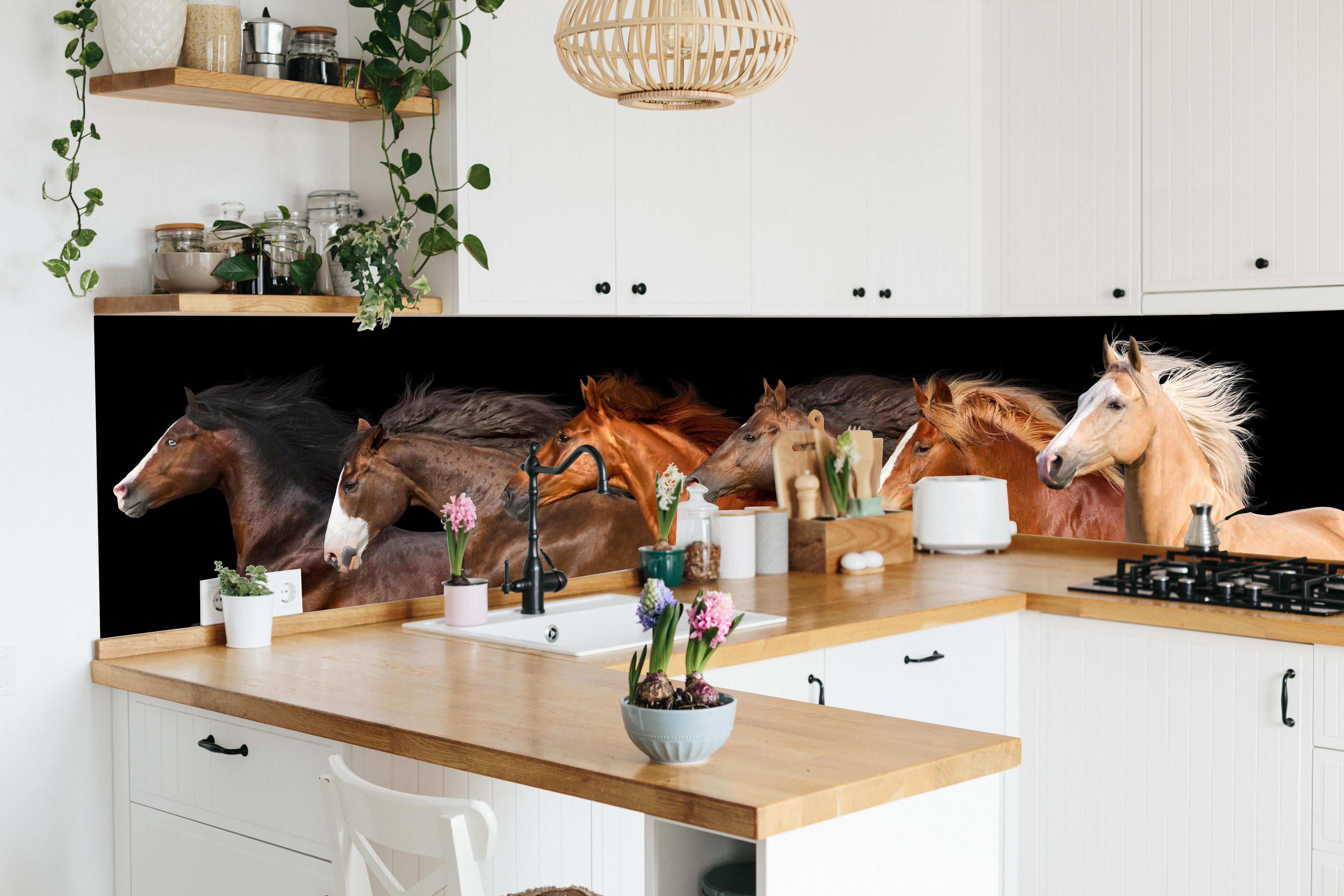 Küche - Herde galoppierender Pferde auf Schwarz hinter weißen Hochglanz-Küchenregalen und schwarzem Wasserhahn