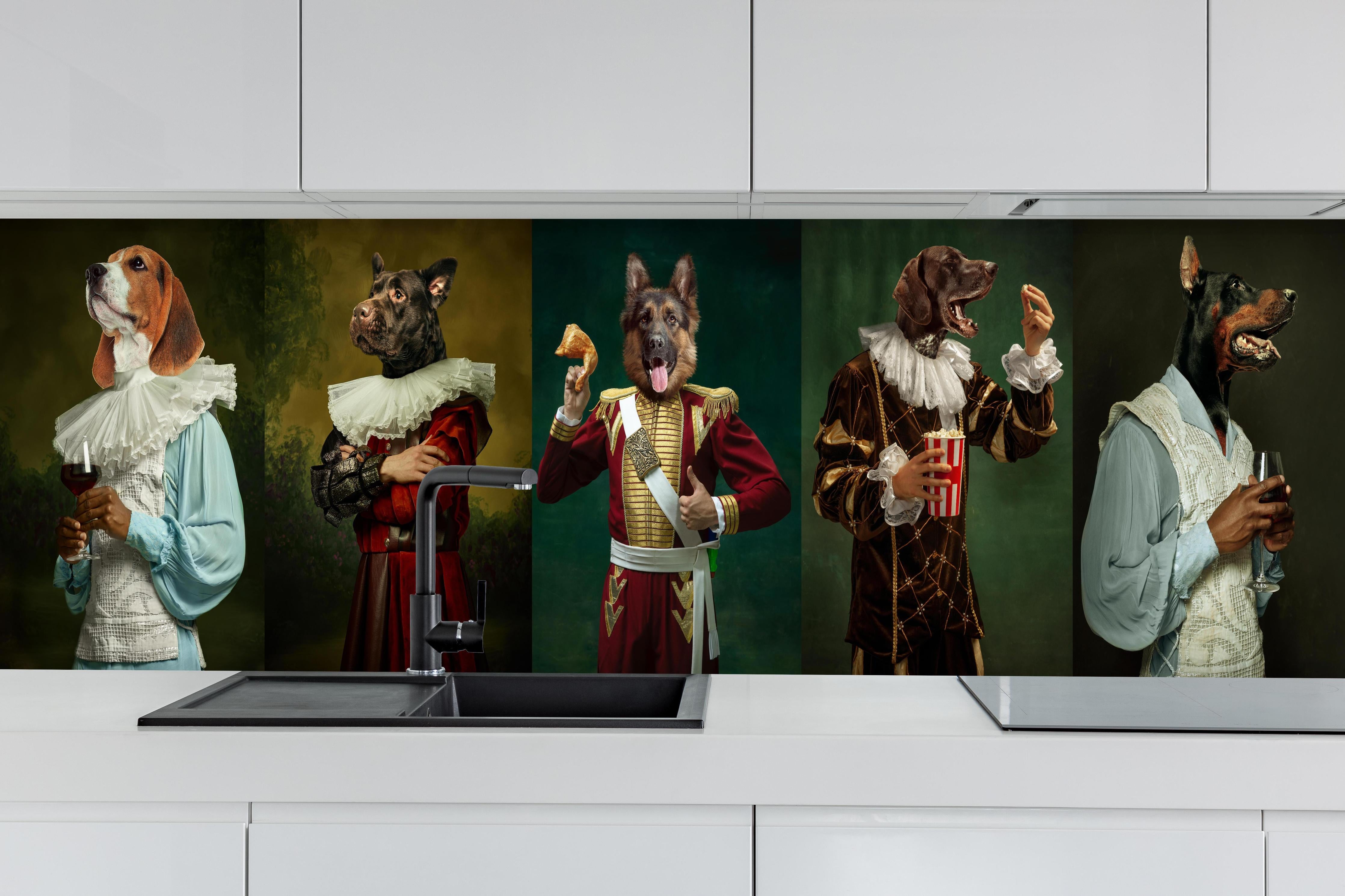 Küche - Hundeköpfe in historischer Adelskleidung hinter weißen Hochglanz-Küchenregalen und schwarzem Wasserhahn