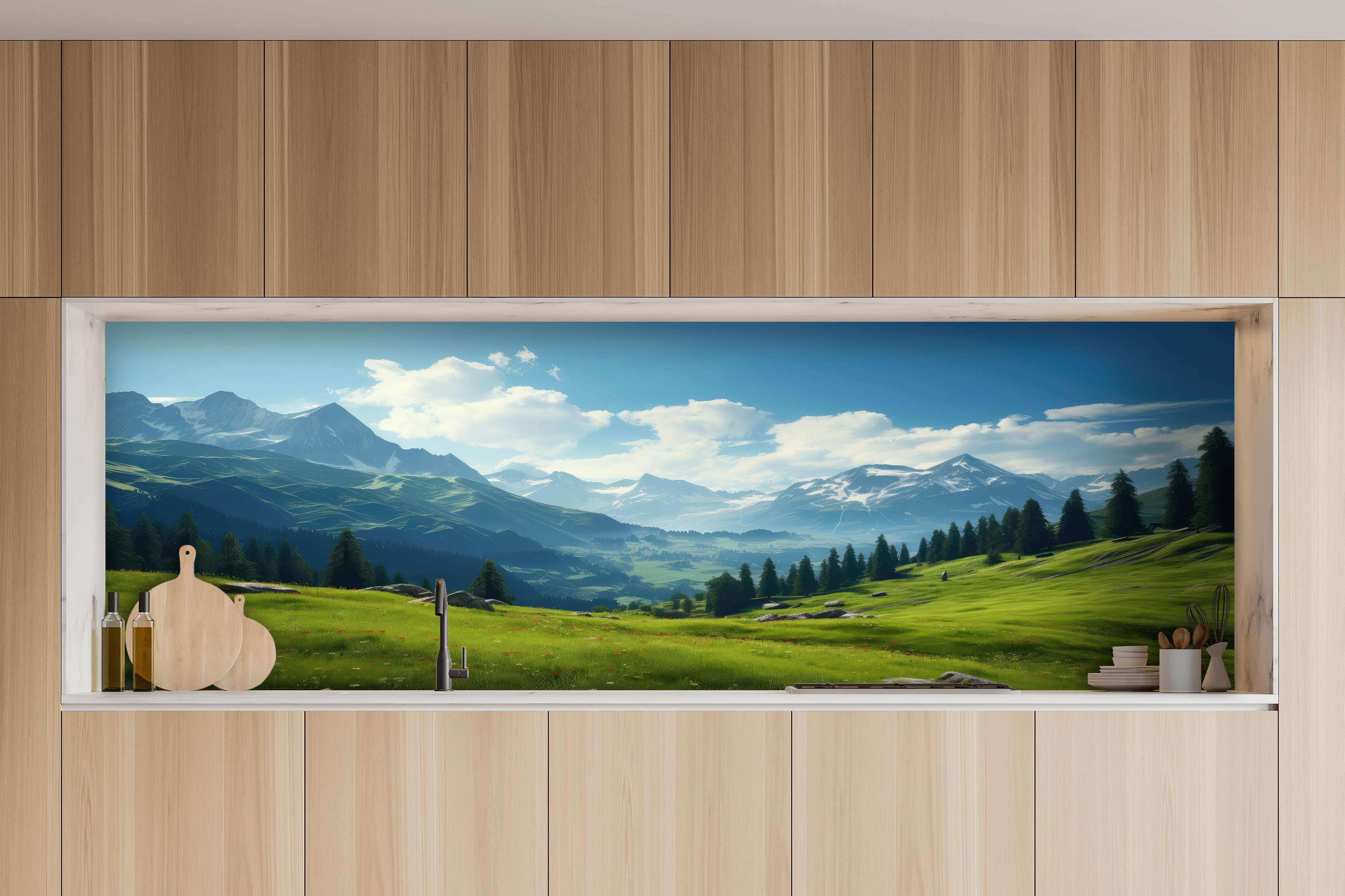 Küche - Idyllische Alpenlandschaft in Sommerfrische hinter weißen Hochglanz-Küchenregalen und schwarzem Wasserhahn