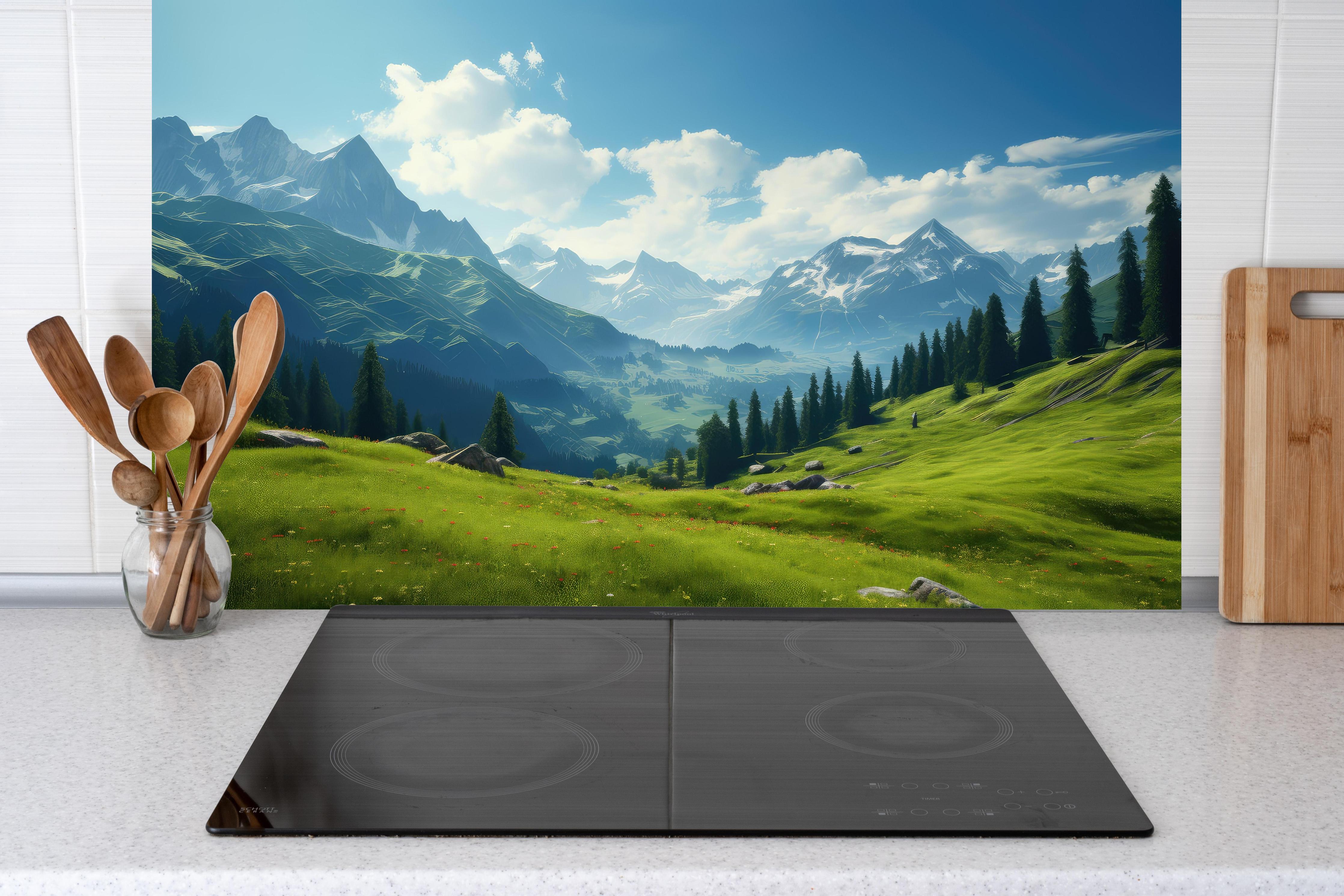 Küche - Idyllische Alpenlandschaft in Sommerfrische hinter weißen Hochglanz-Küchenregalen und schwarzem Wasserhahn