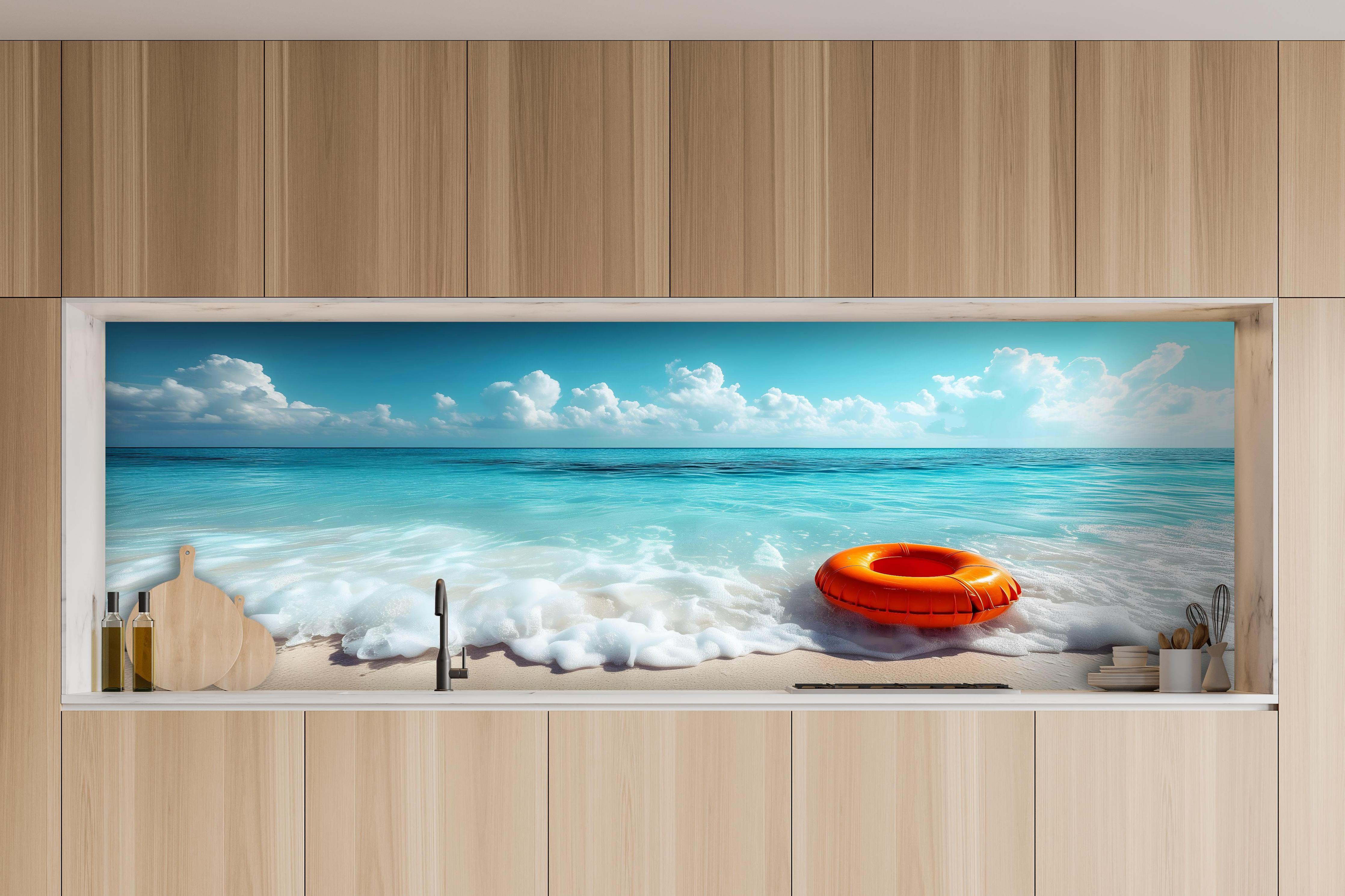 Küche - Idyllischer Strand mit orangefarbener Schwimmringen und klarblauem Wasser hinter weißen Hochglanz-Küchenregalen und schwarzem Wasserhahn