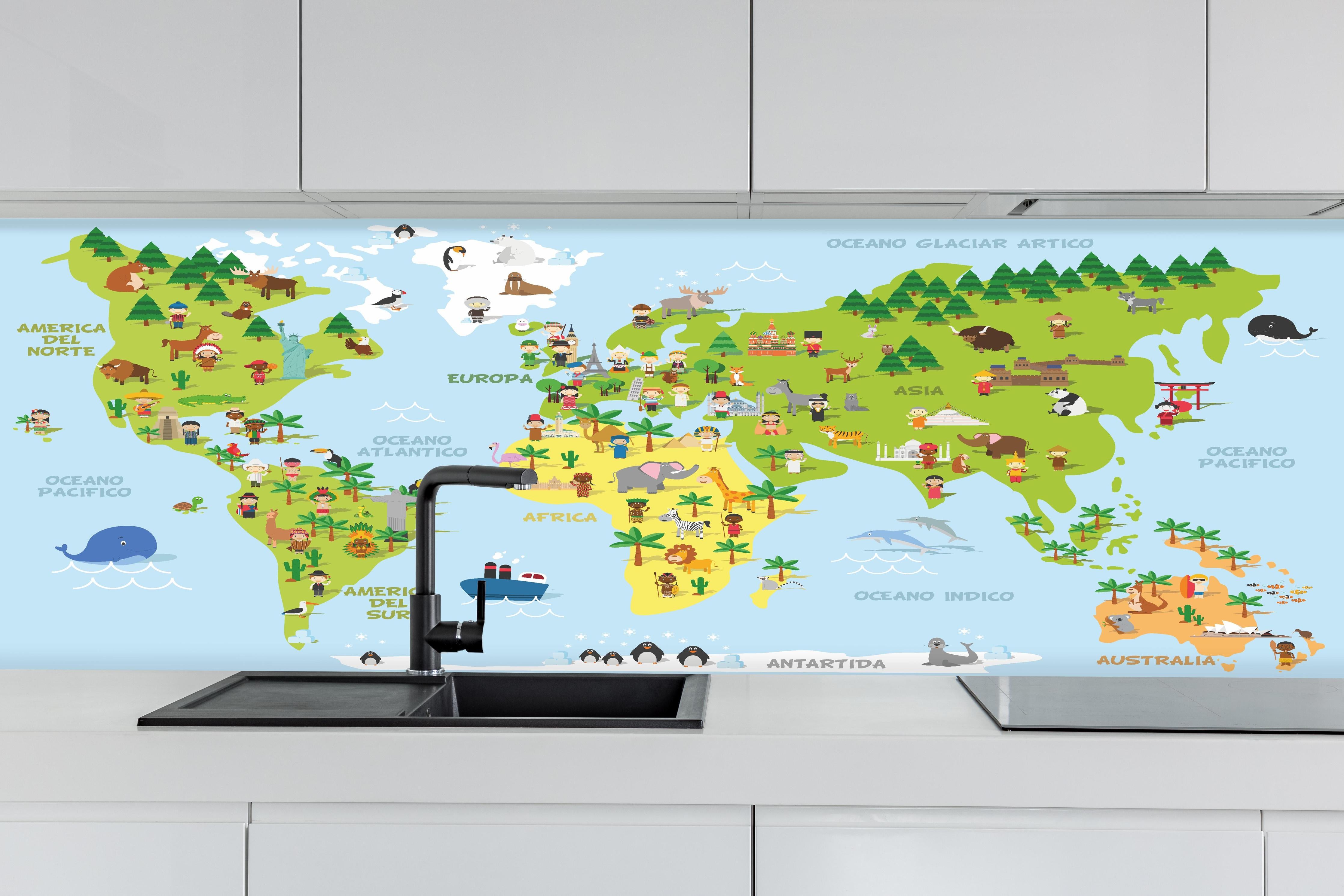 Küche - Illustrative Weltkarte für Kinder Lernspielzeug hinter weißen Hochglanz-Küchenregalen und schwarzem Wasserhahn