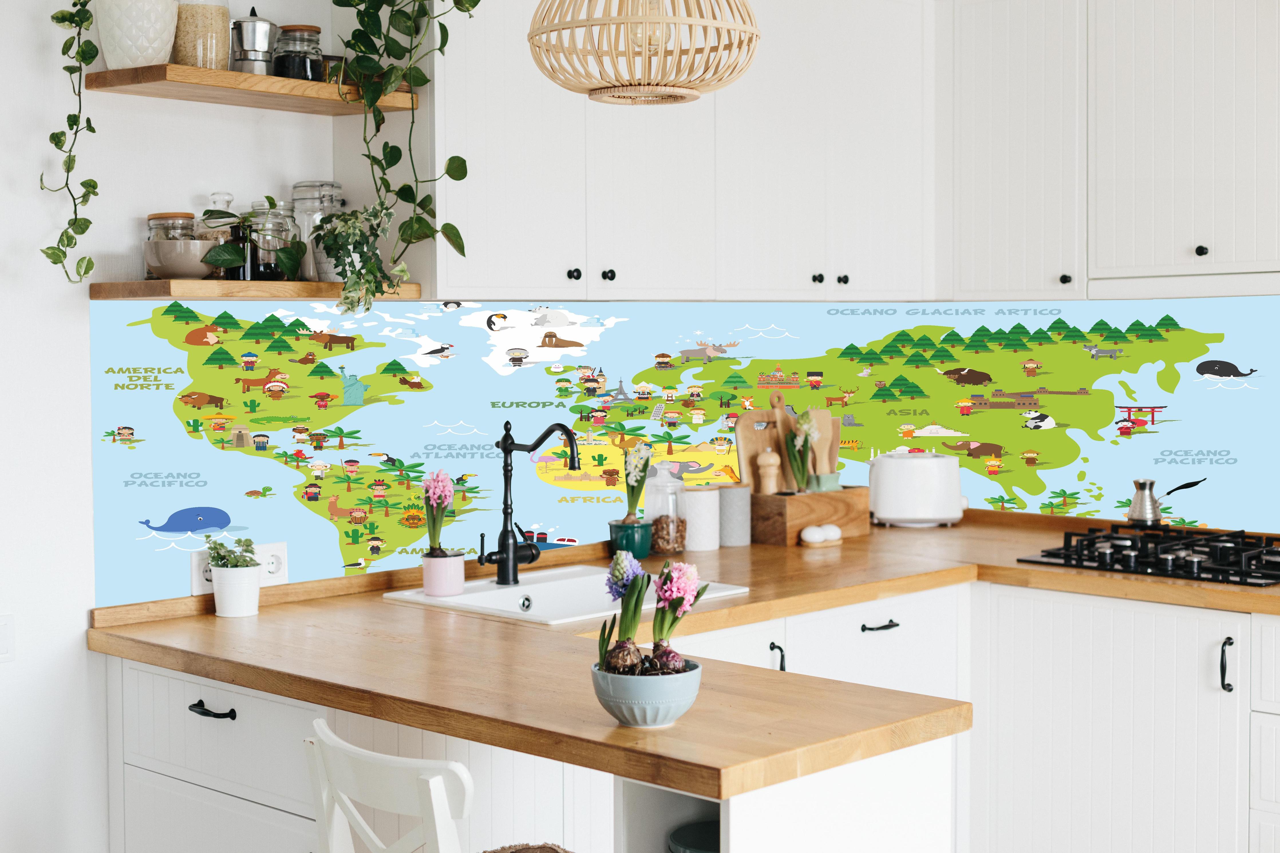 Küche - Illustrative Weltkarte für Kinder Lernspielzeug hinter weißen Hochglanz-Küchenregalen und schwarzem Wasserhahn