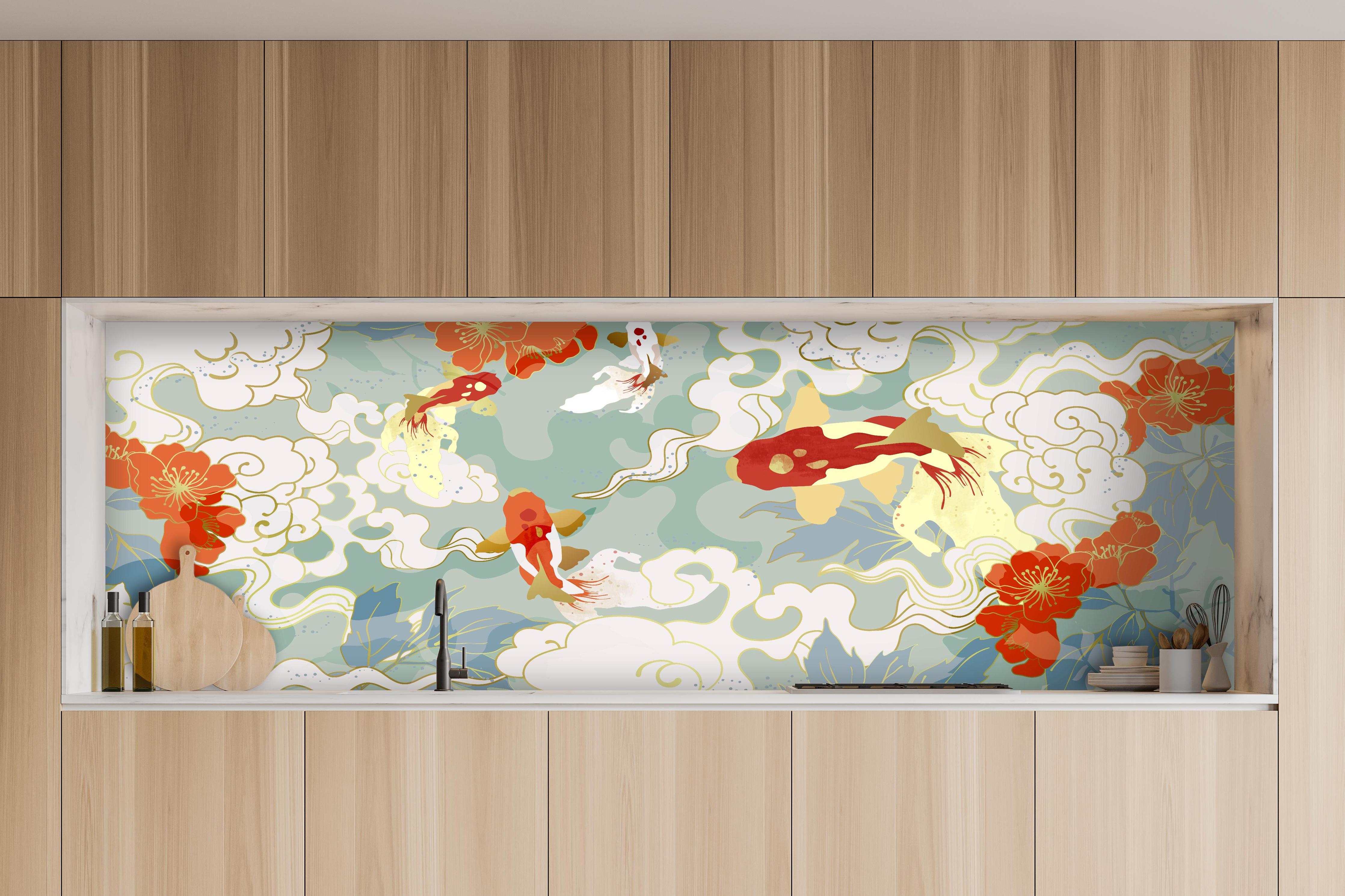 Küche - Japanisches Koi Teichdesign in Pastell hinter weißen Hochglanz-Küchenregalen und schwarzem Wasserhahn