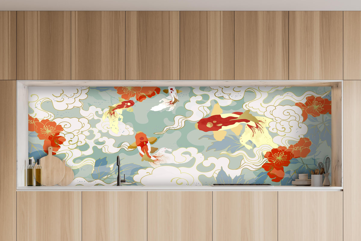 Küche - Japanisches Koi Teichdesign in Pastell hinter weißen Hochglanz-Küchenregalen und schwarzem Wasserhahn