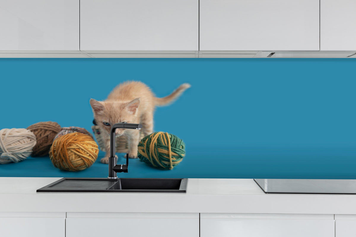Küche - Katzenbaby spielt mit Wollknollen hinter weißen Hochglanz-Küchenregalen und schwarzem Wasserhahn