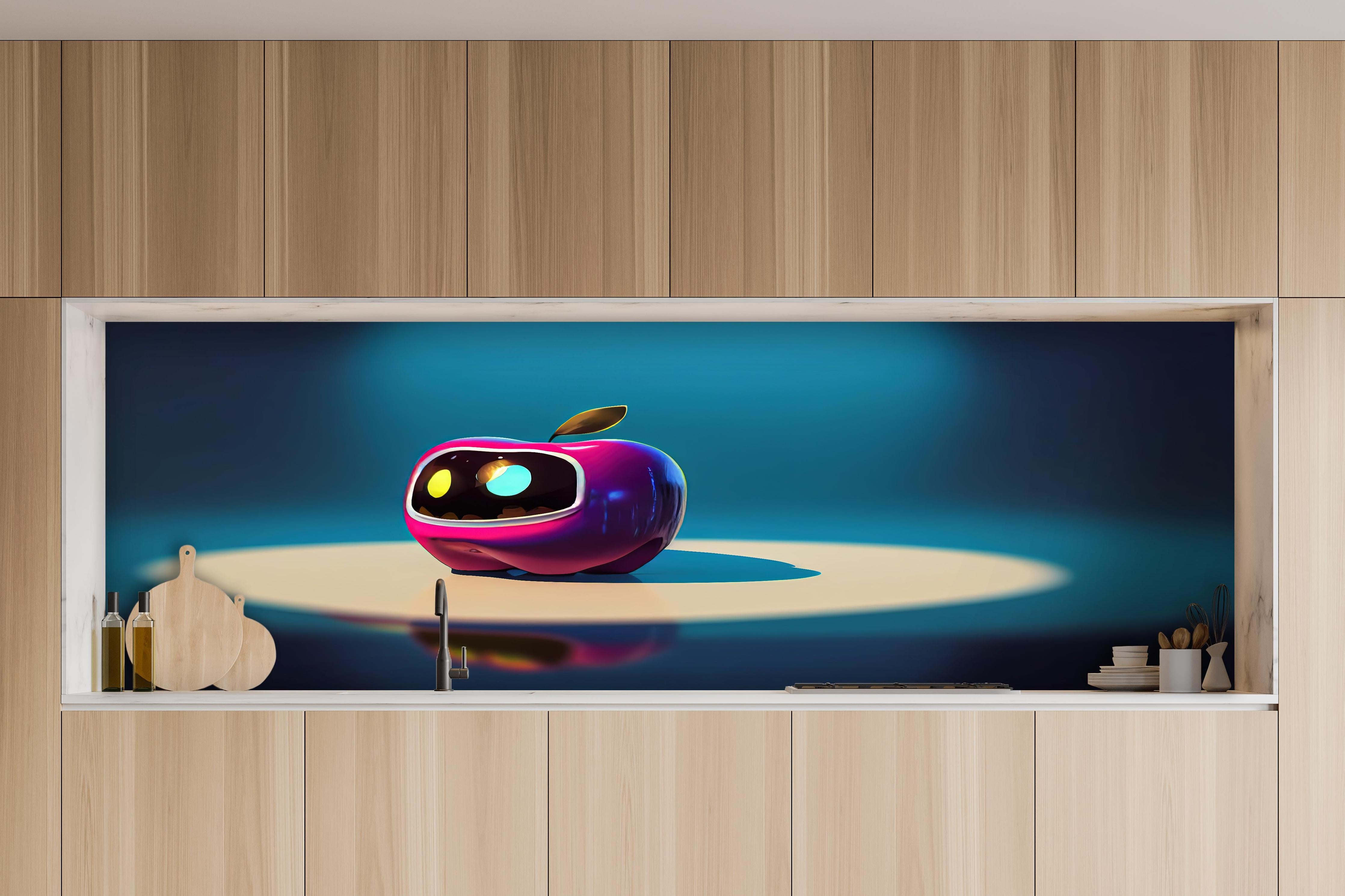 Küche - Kindermotiv - 3D Apfelroboter  hinter weißen Hochglanz-Küchenregalen und schwarzem Wasserhahn