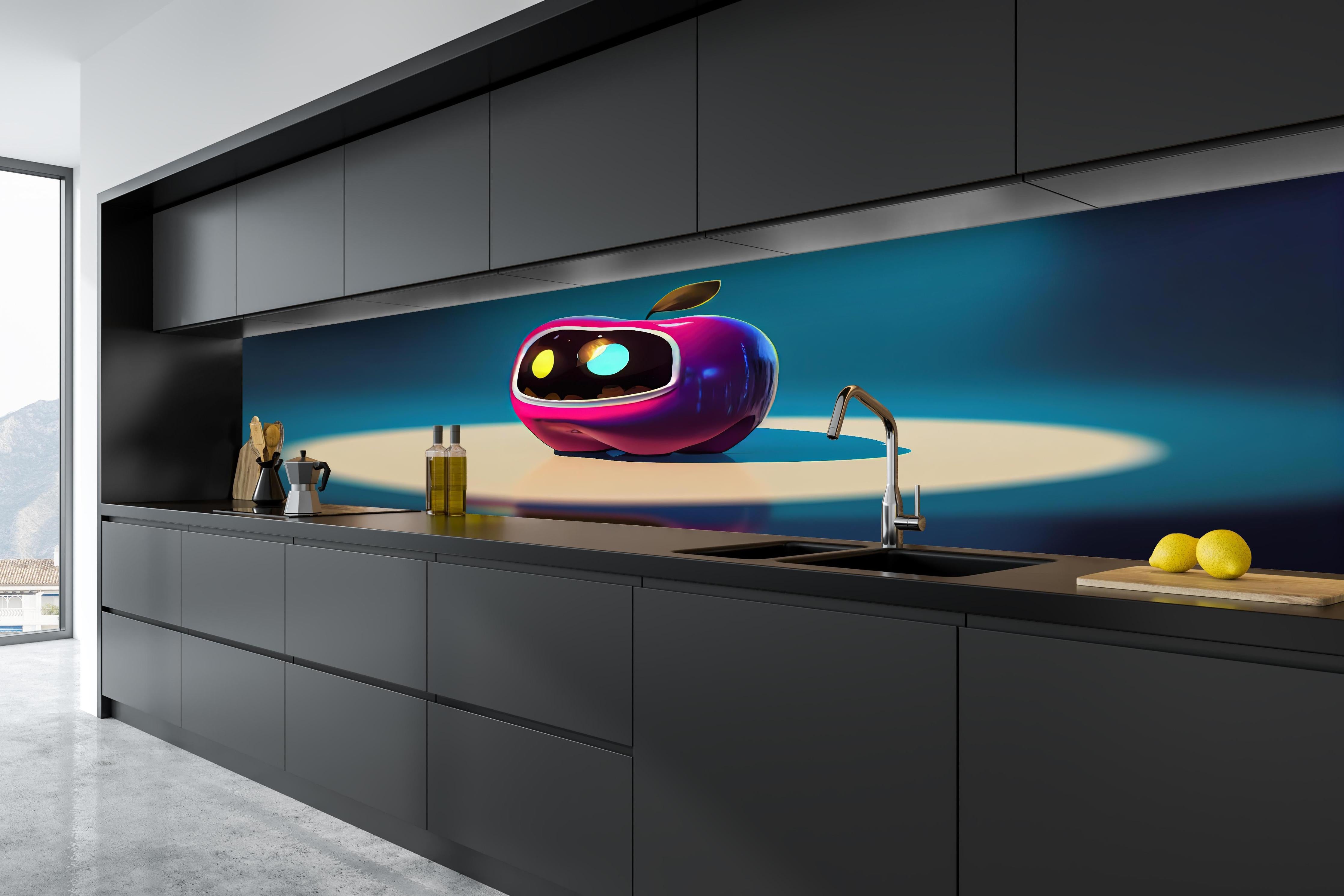 Küche - Kindermotiv - 3D Apfelroboter  hinter weißen Hochglanz-Küchenregalen und schwarzem Wasserhahn