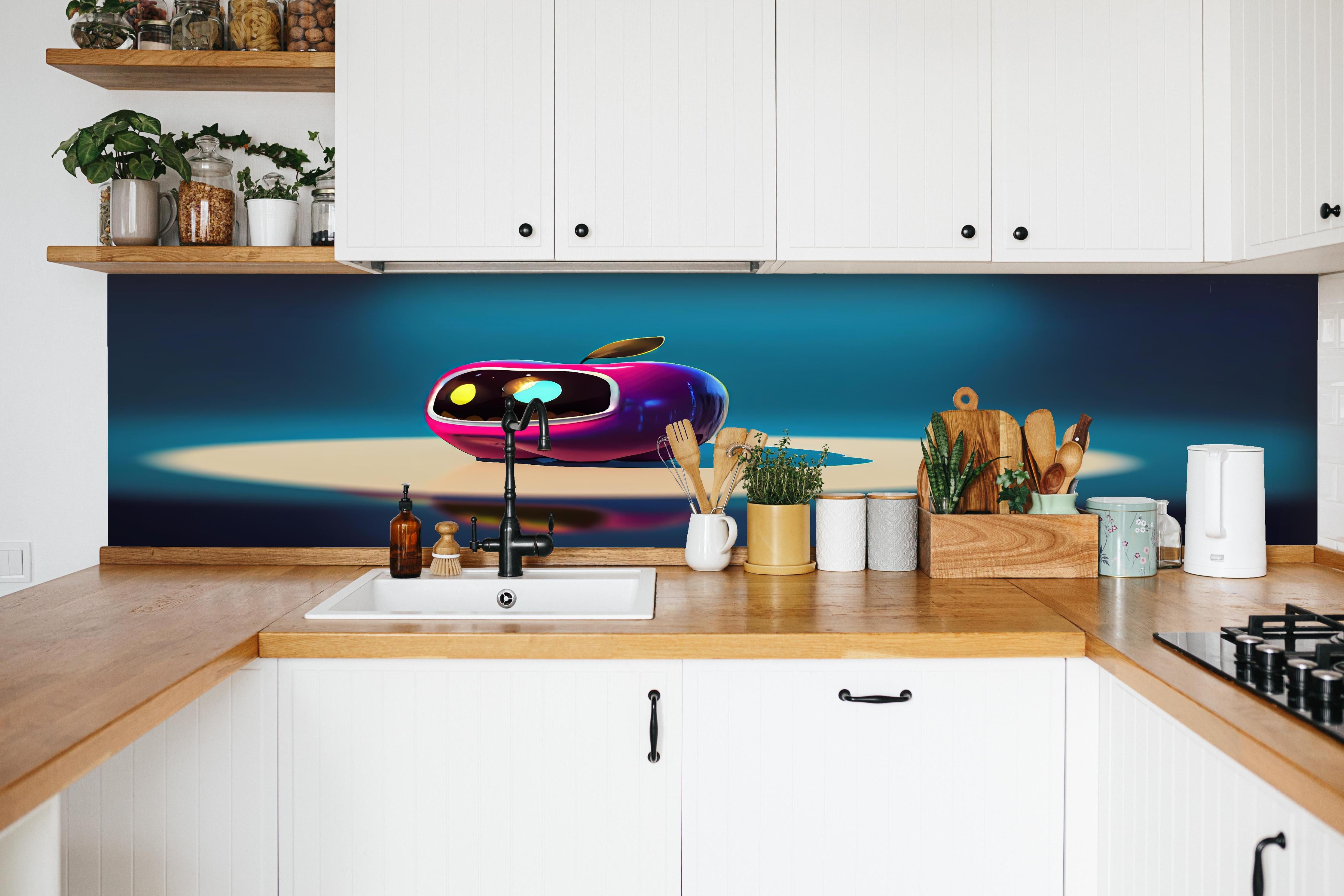 Küche - Kindermotiv - 3D Apfelroboter  hinter weißen Hochglanz-Küchenregalen und schwarzem Wasserhahn