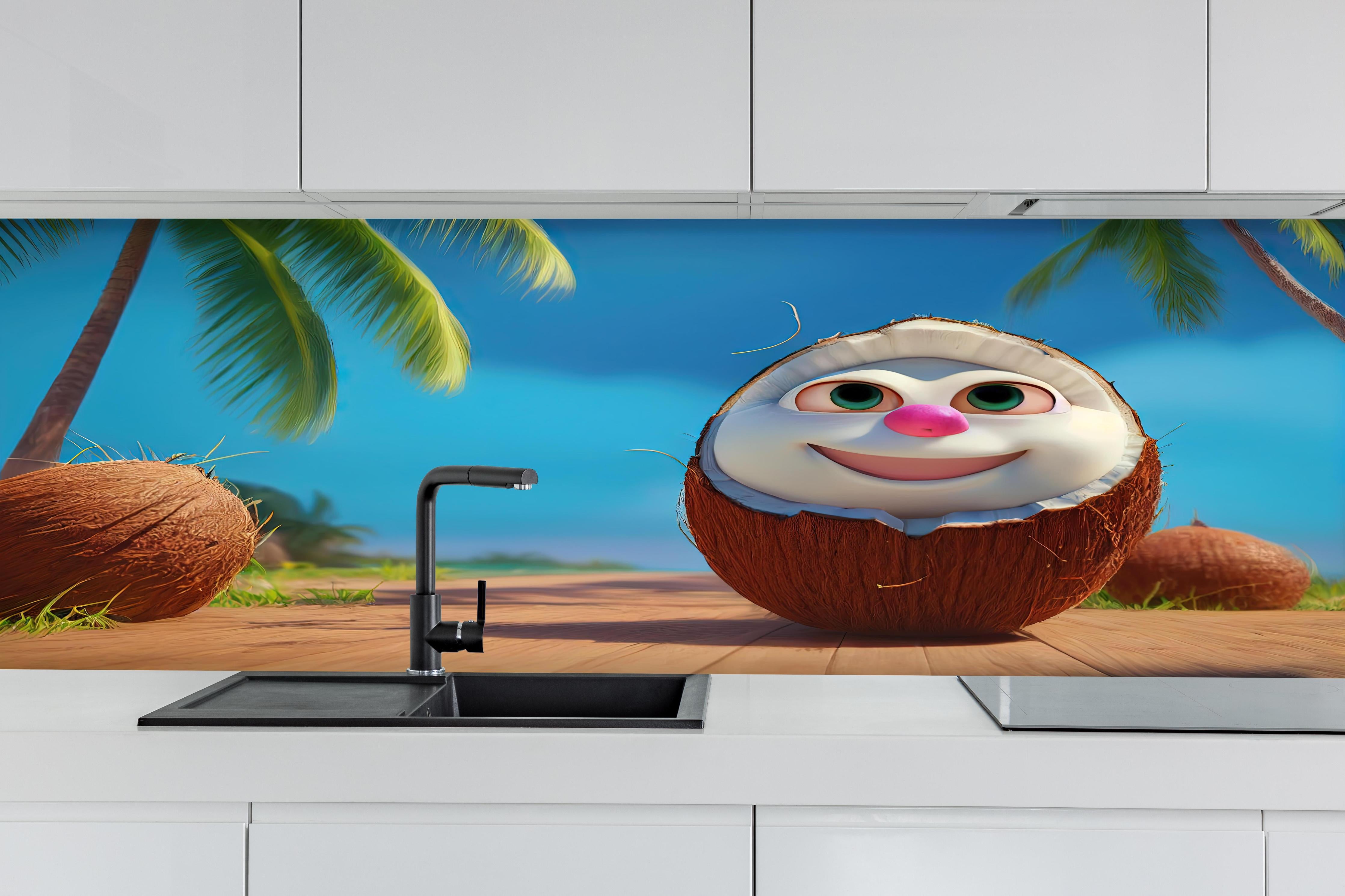 Küche - Kindermotiv - 3D Kokosnuss Charakter unter Palmen hinter weißen Hochglanz-Küchenregalen und schwarzem Wasserhahn