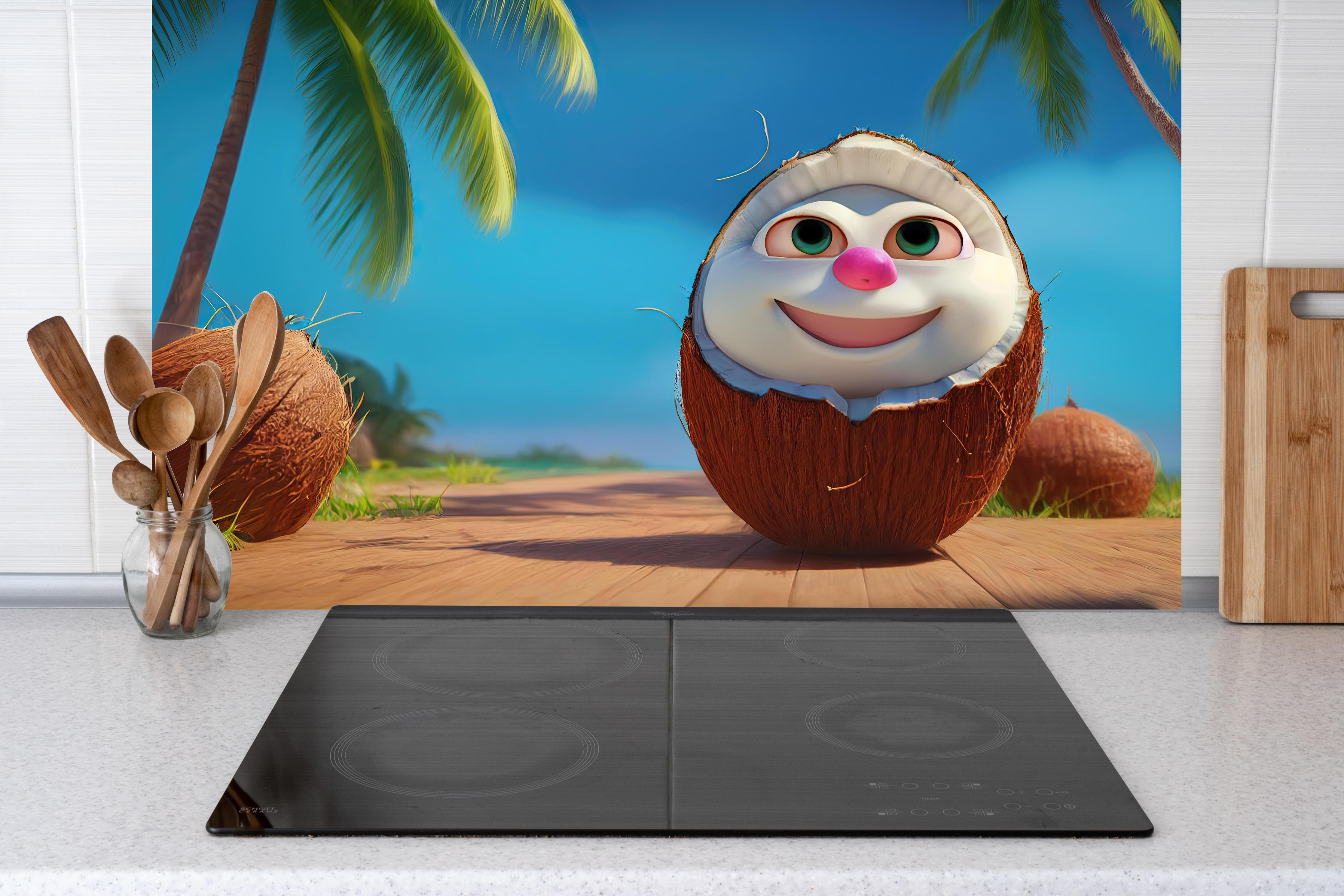 Küche - Kindermotiv - 3D Kokosnuss Charakter unter Palmen hinter weißen Hochglanz-Küchenregalen und schwarzem Wasserhahn