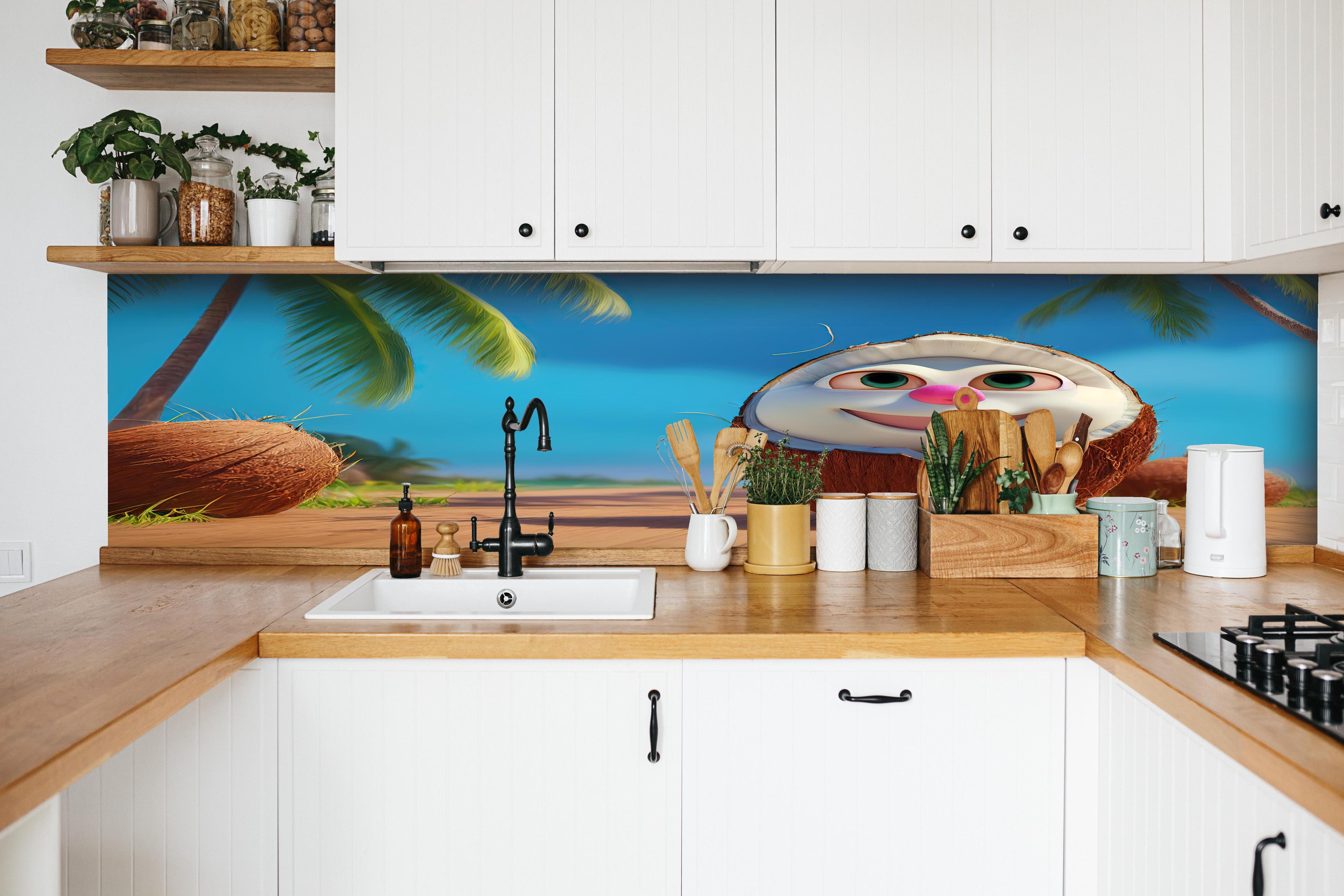 Küche - Kindermotiv - 3D Kokosnuss Charakter unter Palmen hinter weißen Hochglanz-Küchenregalen und schwarzem Wasserhahn