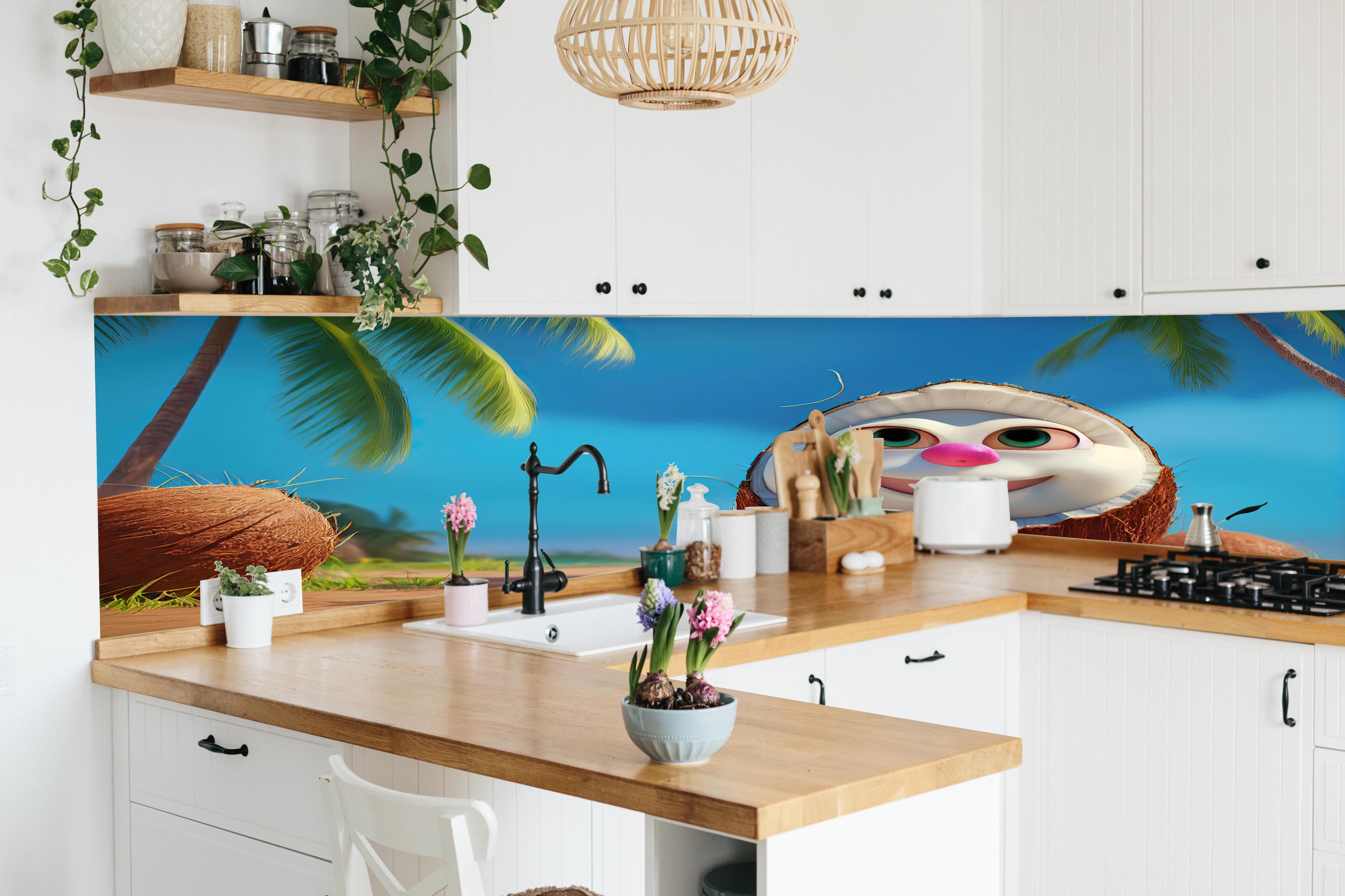 Küche - Kindermotiv - 3D Kokosnuss Charakter unter Palmen hinter weißen Hochglanz-Küchenregalen und schwarzem Wasserhahn