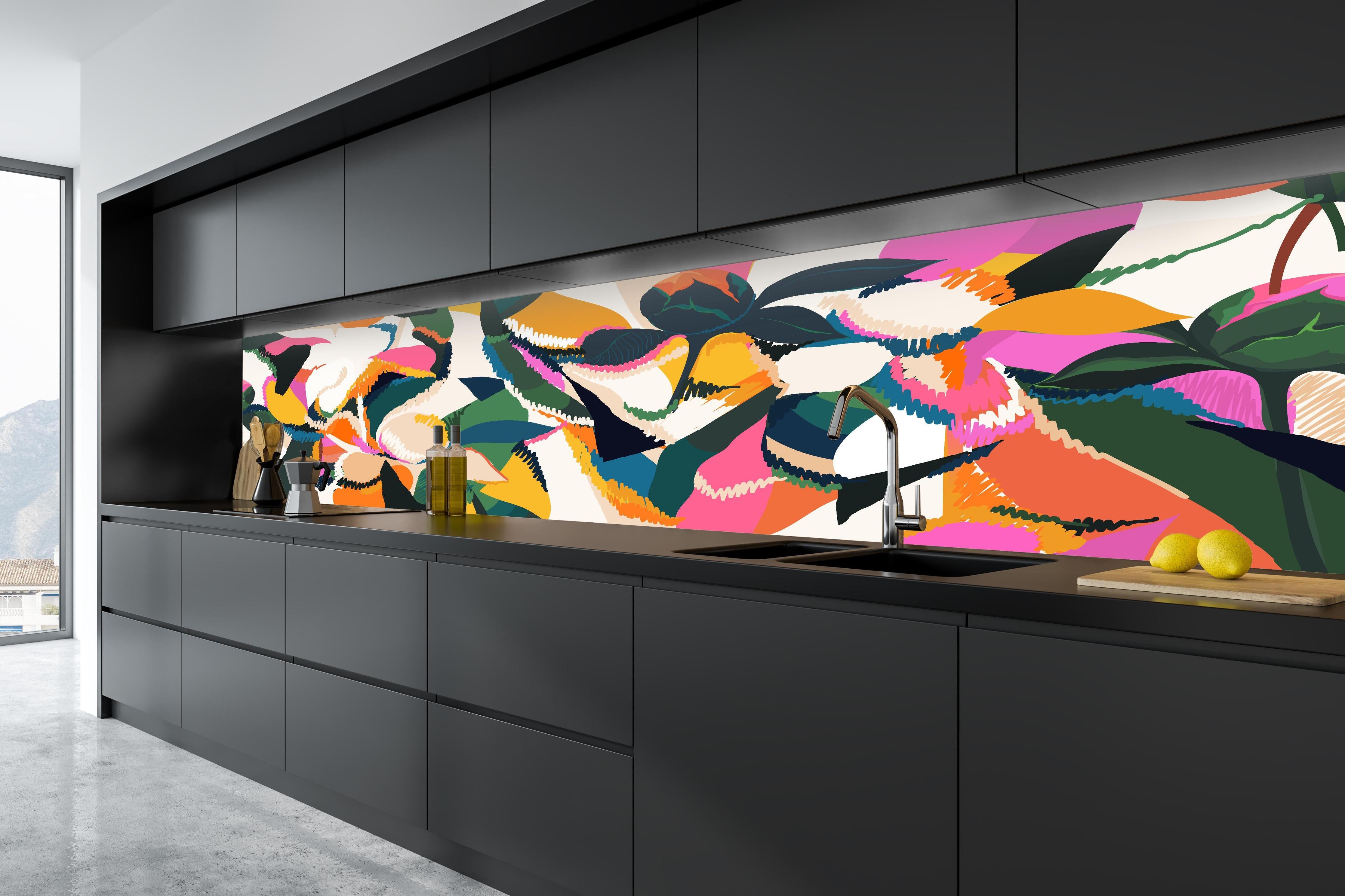 Küche - Abstrakte Tropische Blumen Pink-Orange in tiefschwarzer matt-premium Einbauküche