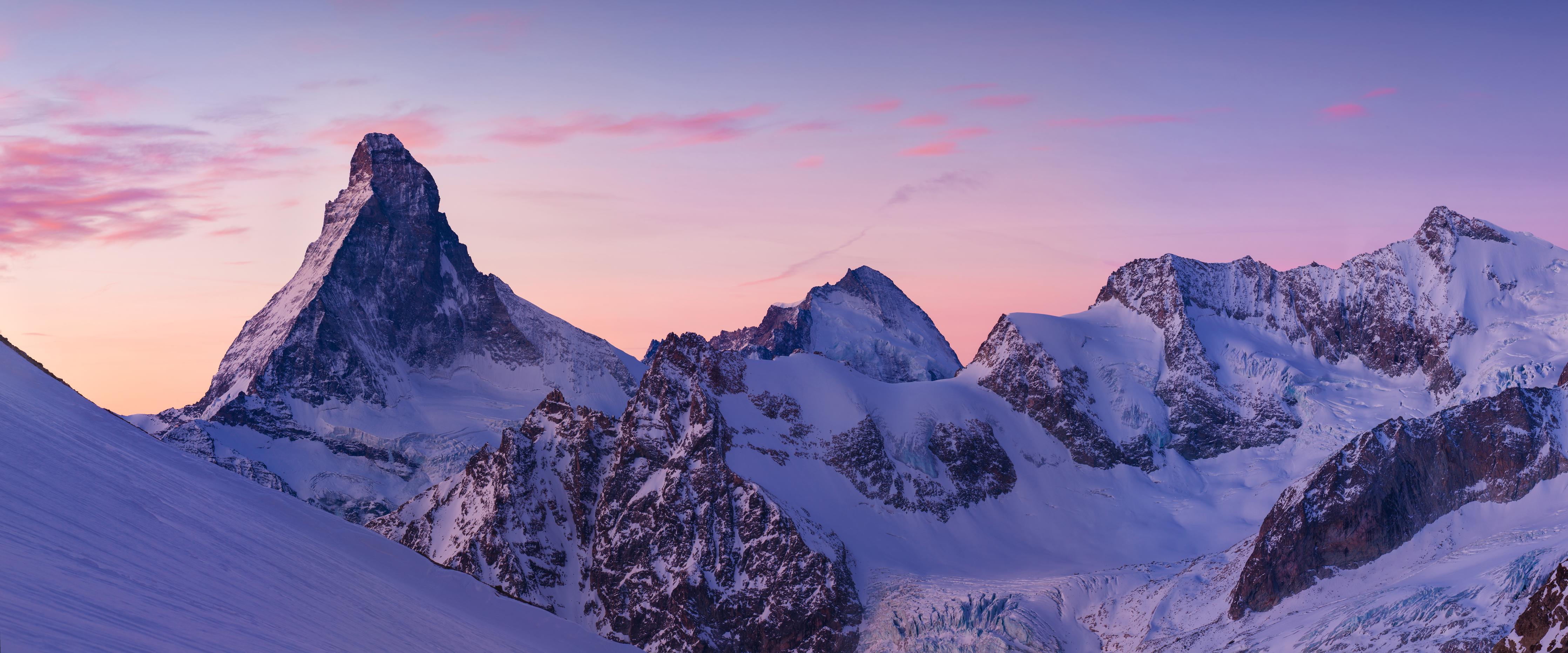 Küchenrückwand-Alpenpanorama Sonnenuntergang Weiß-Rosa