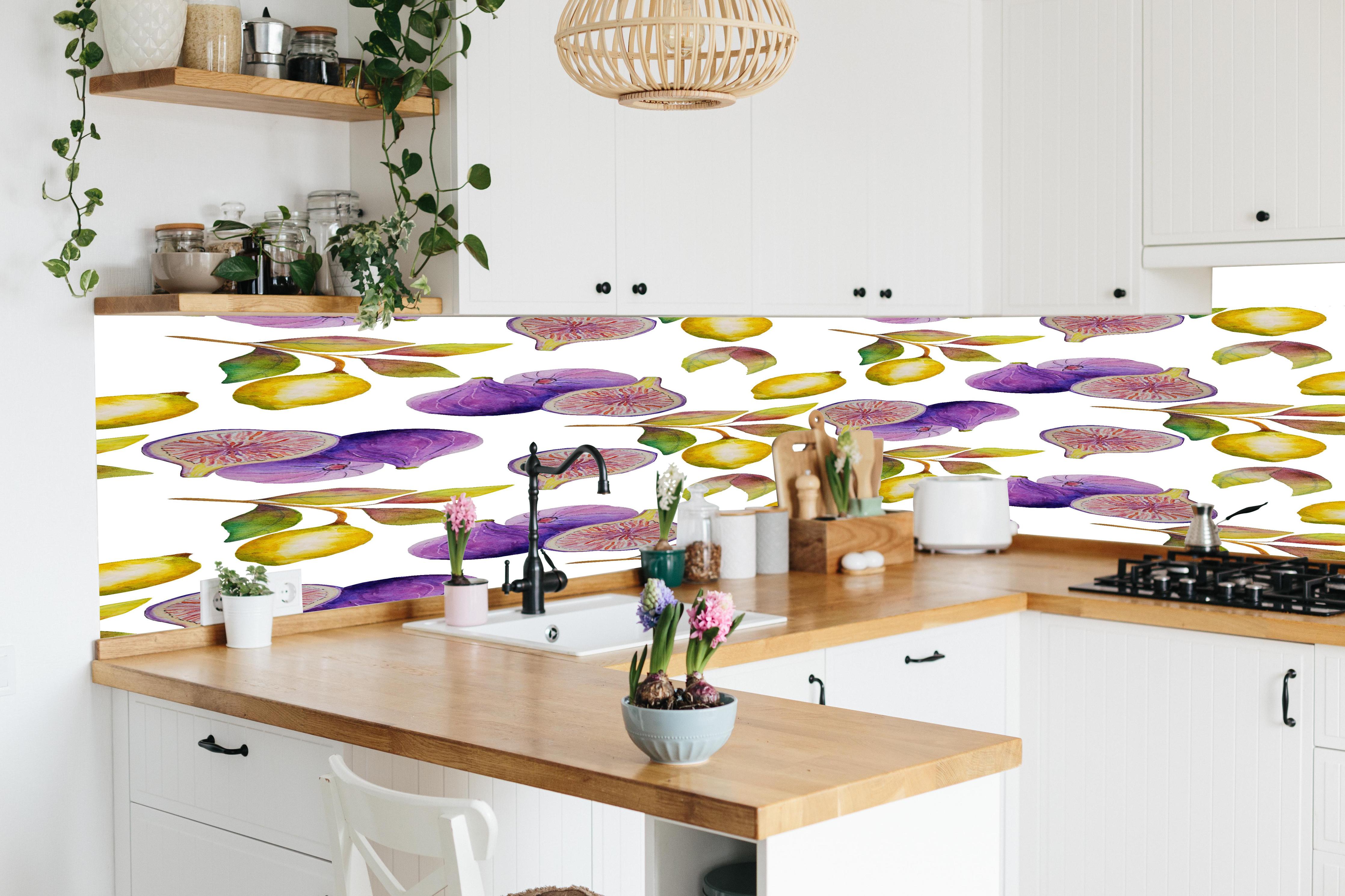 Küche - Aquarell-Feigen & Zitronen in lebendiger Küche mit bunten Blumen