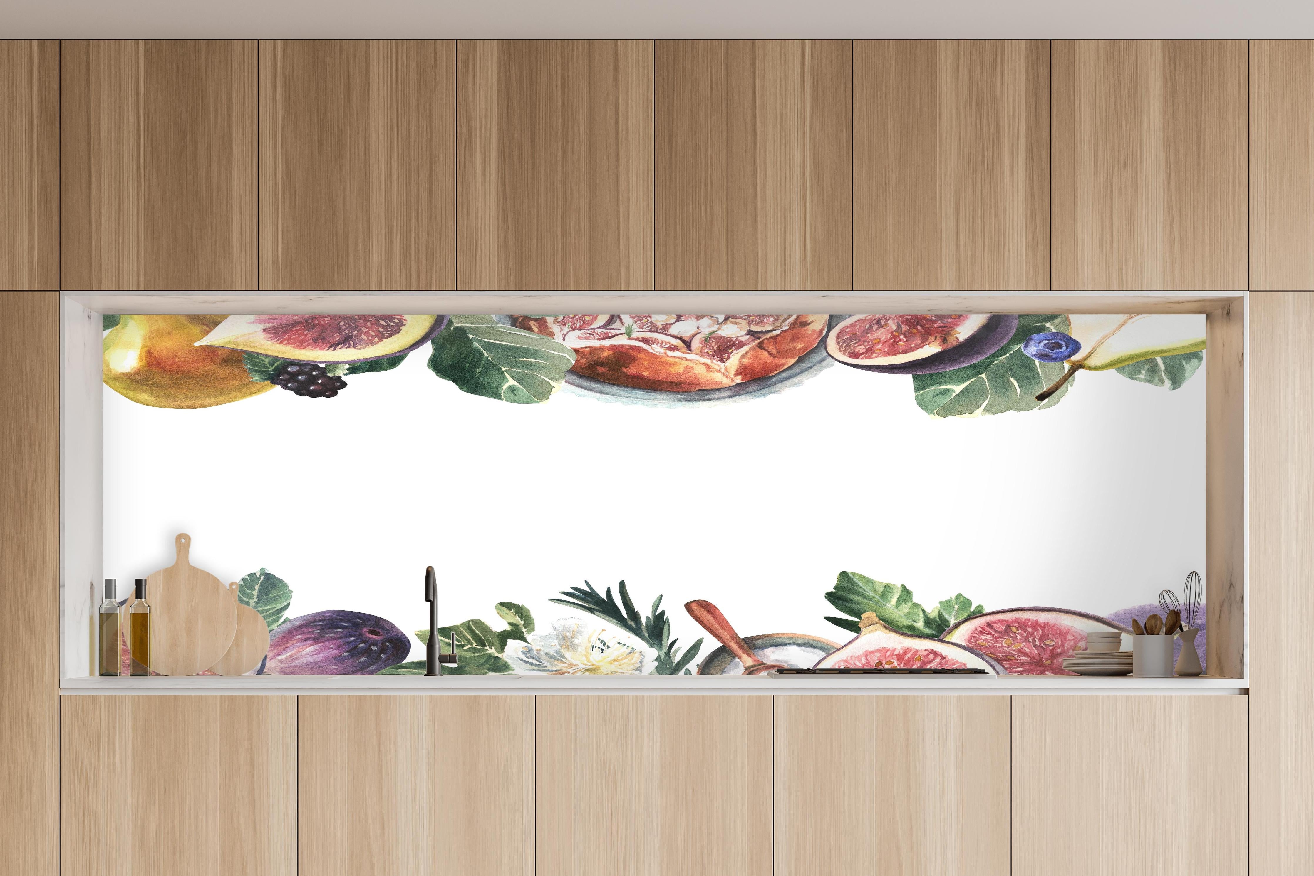 Küche - Aquarell Obst-Bordüre Limette Zitrone Feige in charakteristischer Vollholz-Küche mit modernem Gasherd