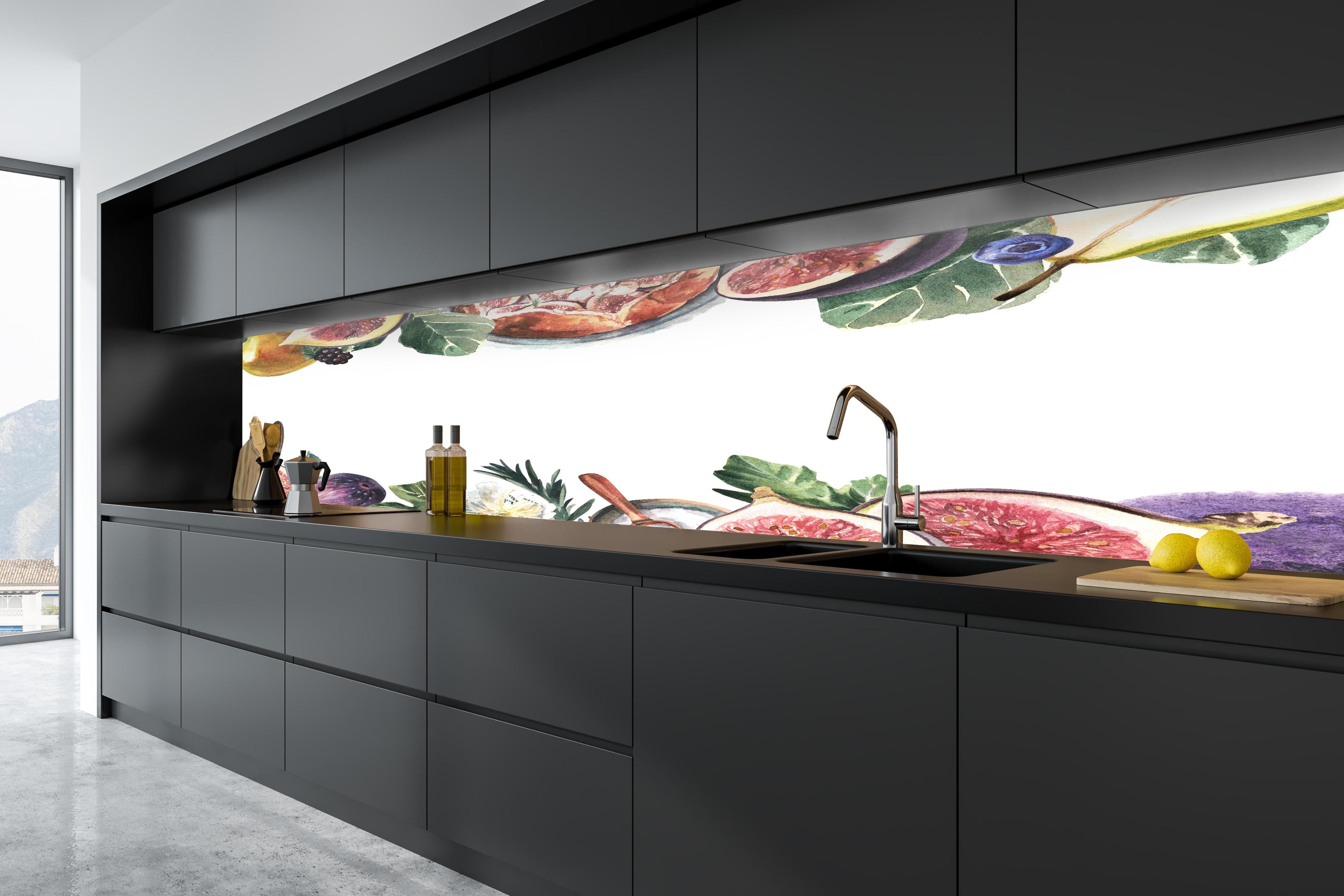 Küche - Aquarell Obst-Bordüre Limette Zitrone Feige in tiefschwarzer matt-premium Einbauküche