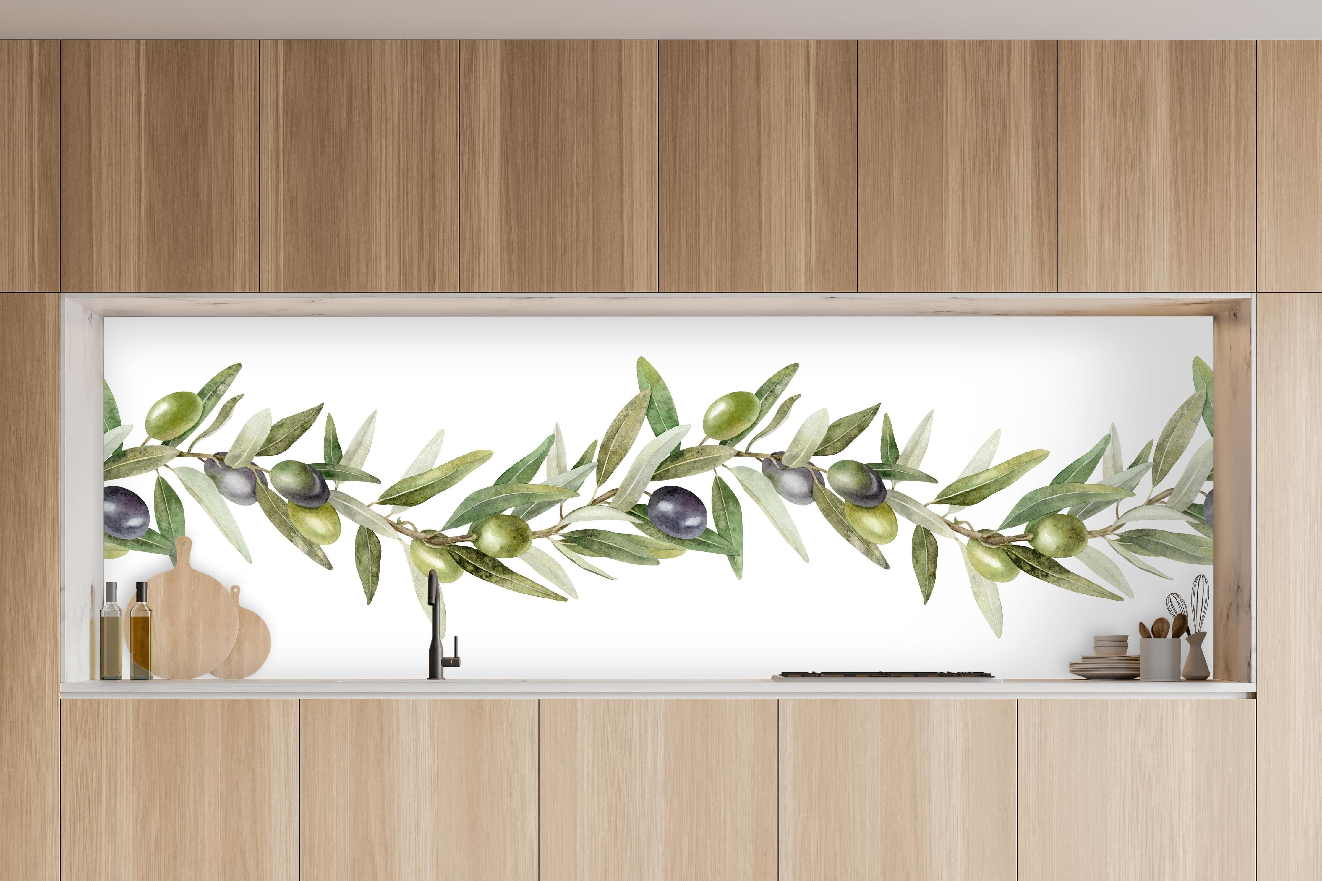 Küche - Aquarell Olivenzweig Weiß-Grün in charakteristischer Vollholz-Küche mit modernem Gasherd