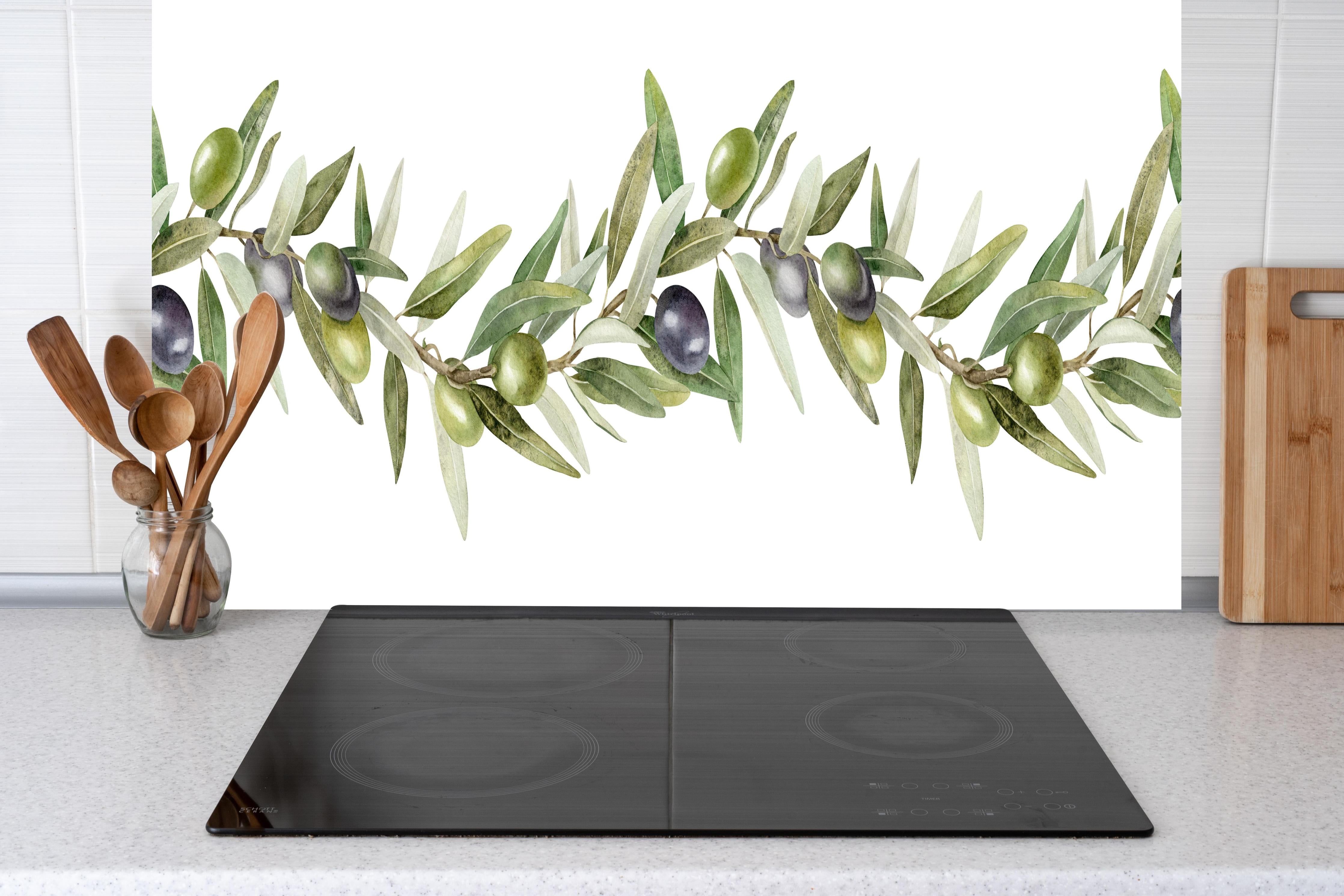 Küche - Aquarell Olivenzweig Weiß-Grün hinter Cerankochfeld und Holz-Kochutensilien