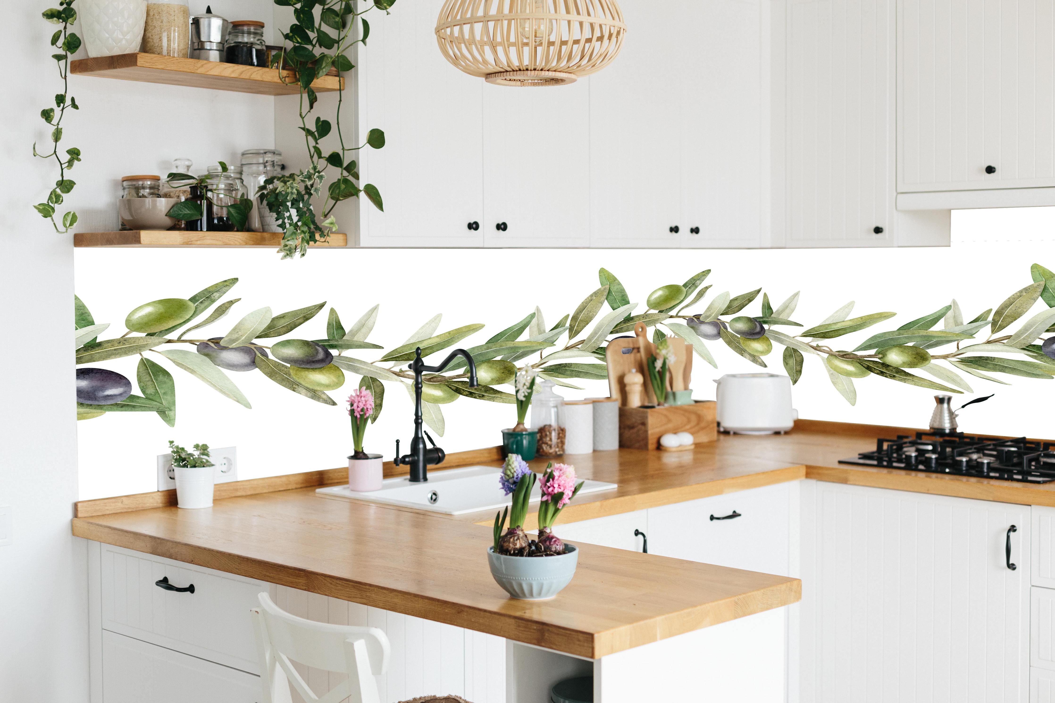 Küche - Aquarell Olivenzweig Weiß-Grün in lebendiger Küche mit bunten Blumen