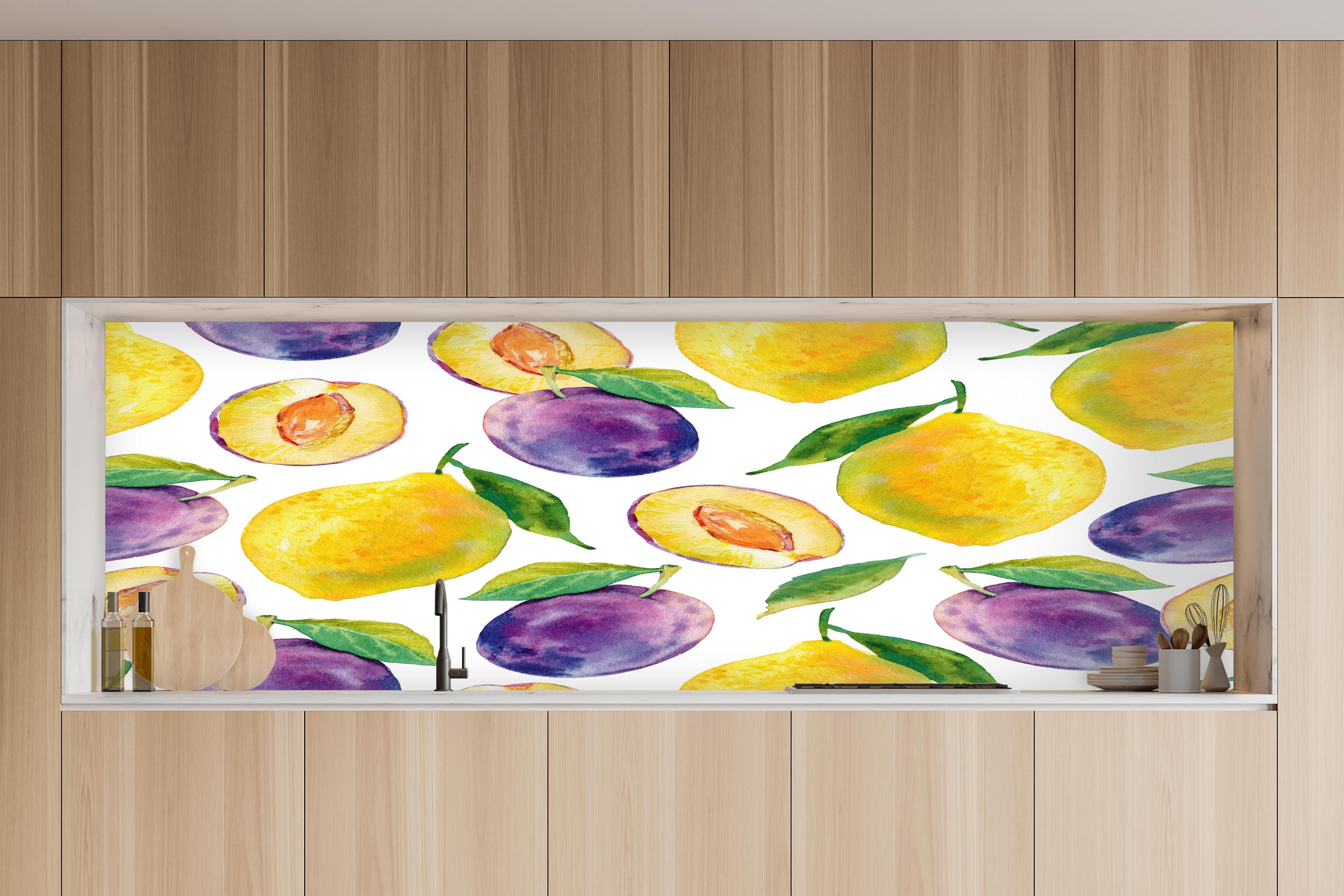 Küche - Aquarell Zitronen & Pflaumen in charakteristischer Vollholz-Küche mit modernem Gasherd