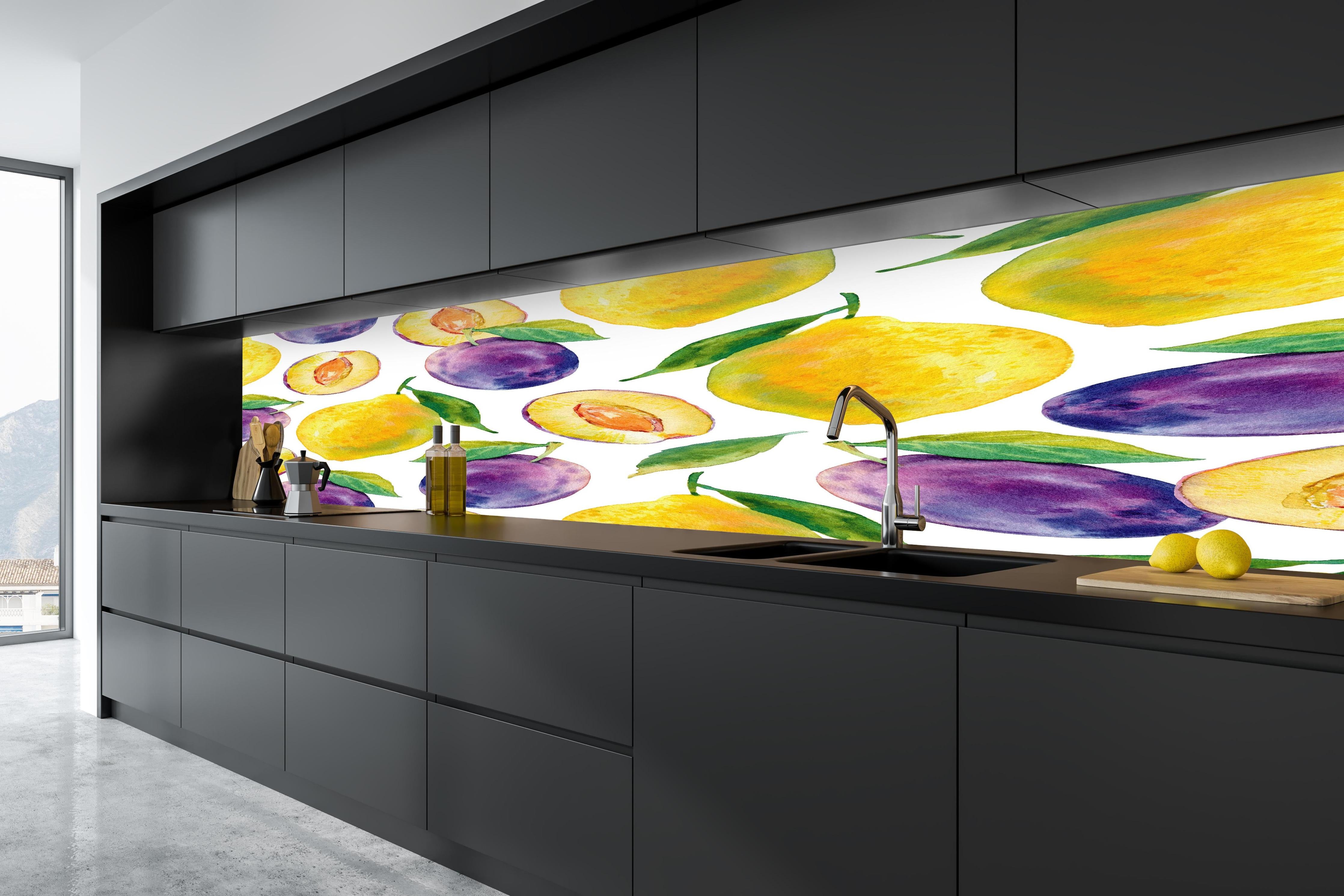 Küche - Aquarell Zitronen & Pflaumen in tiefschwarzer matt-premium Einbauküche