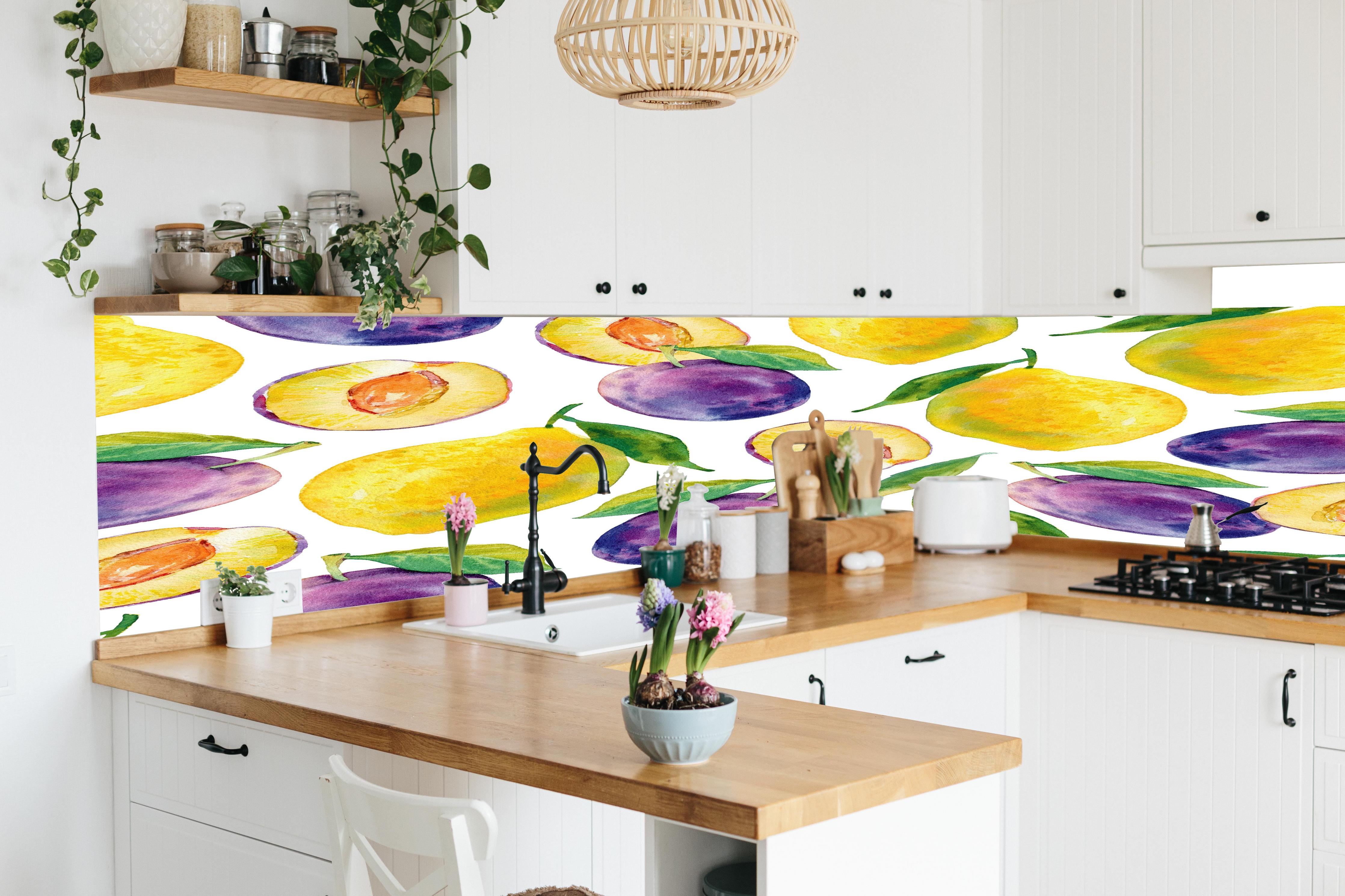 Küche - Aquarell Zitronen & Pflaumen in lebendiger Küche mit bunten Blumen