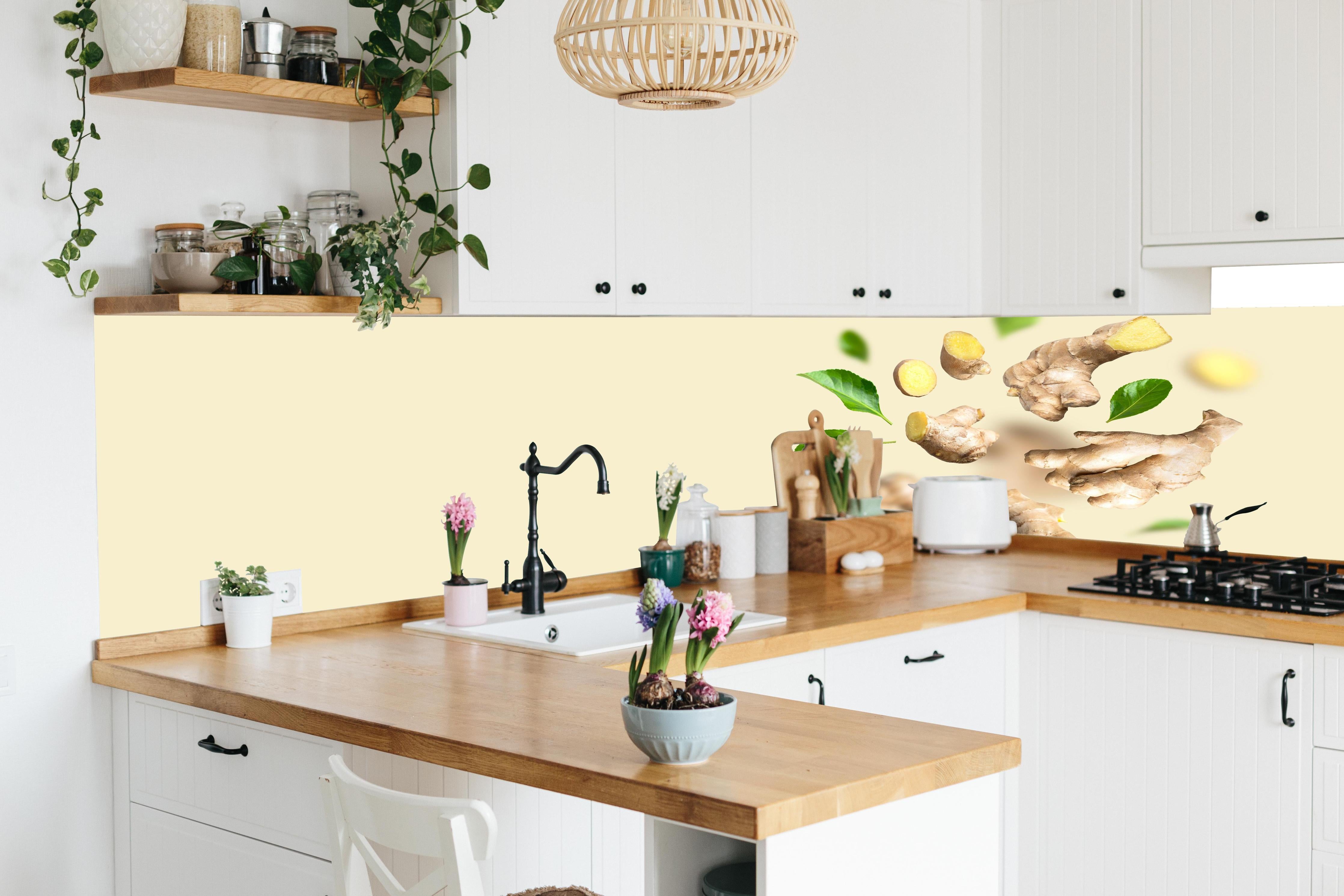 Küche - Beige Ingwer & Kräuter in lebendiger Küche mit bunten Blumen