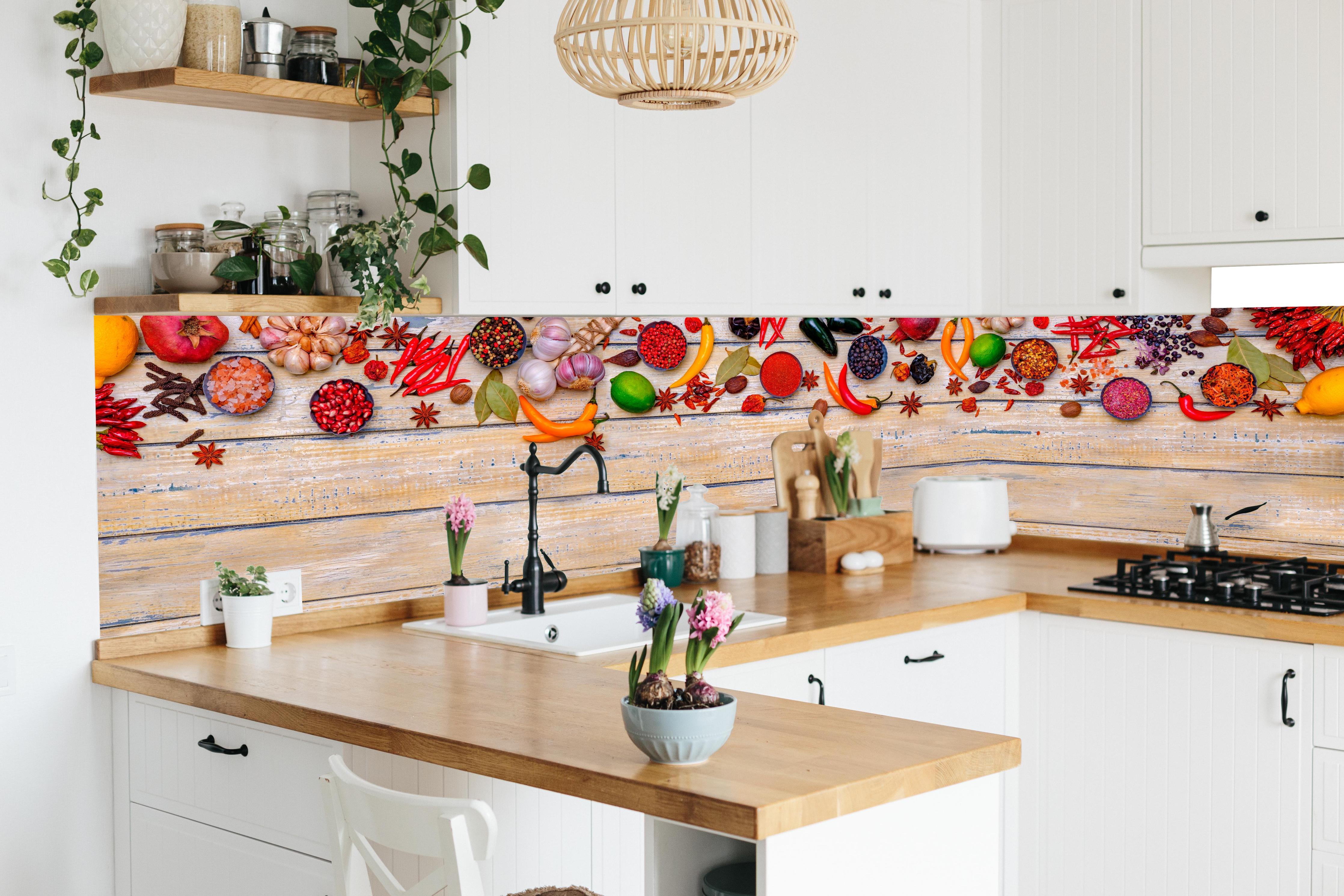 Küche - Bunte Gewürze & Kräuter auf Holz in lebendiger Küche mit bunten Blumen