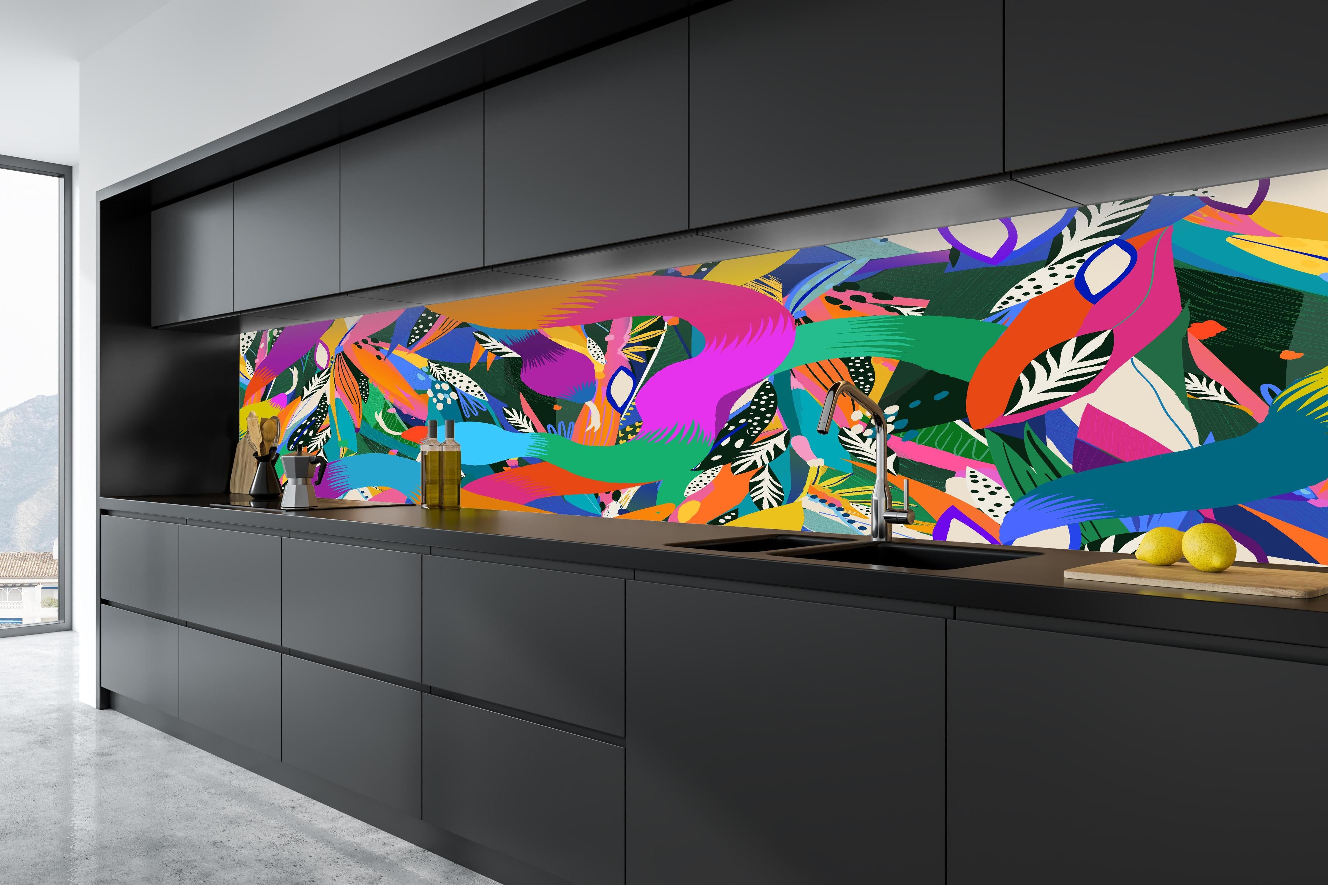 Küche - Bunte Tropische Schlangen-Illustration in tiefschwarzer matt-premium Einbauküche