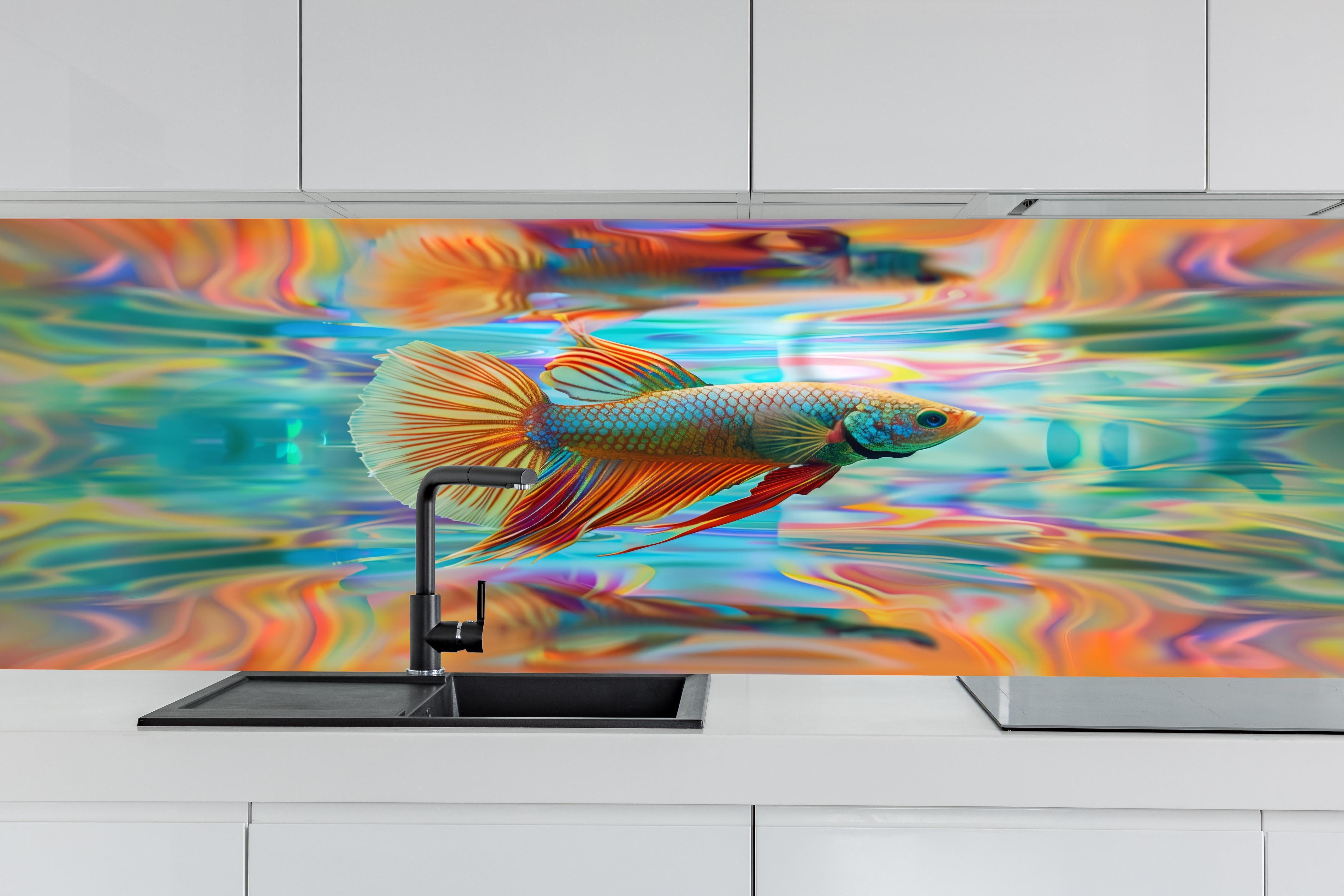 Küche - Bunter Betta-Fisch Türkis-Orange hinter weißen Hochglanz-Küchenregalen und schwarzem Wasserhahn