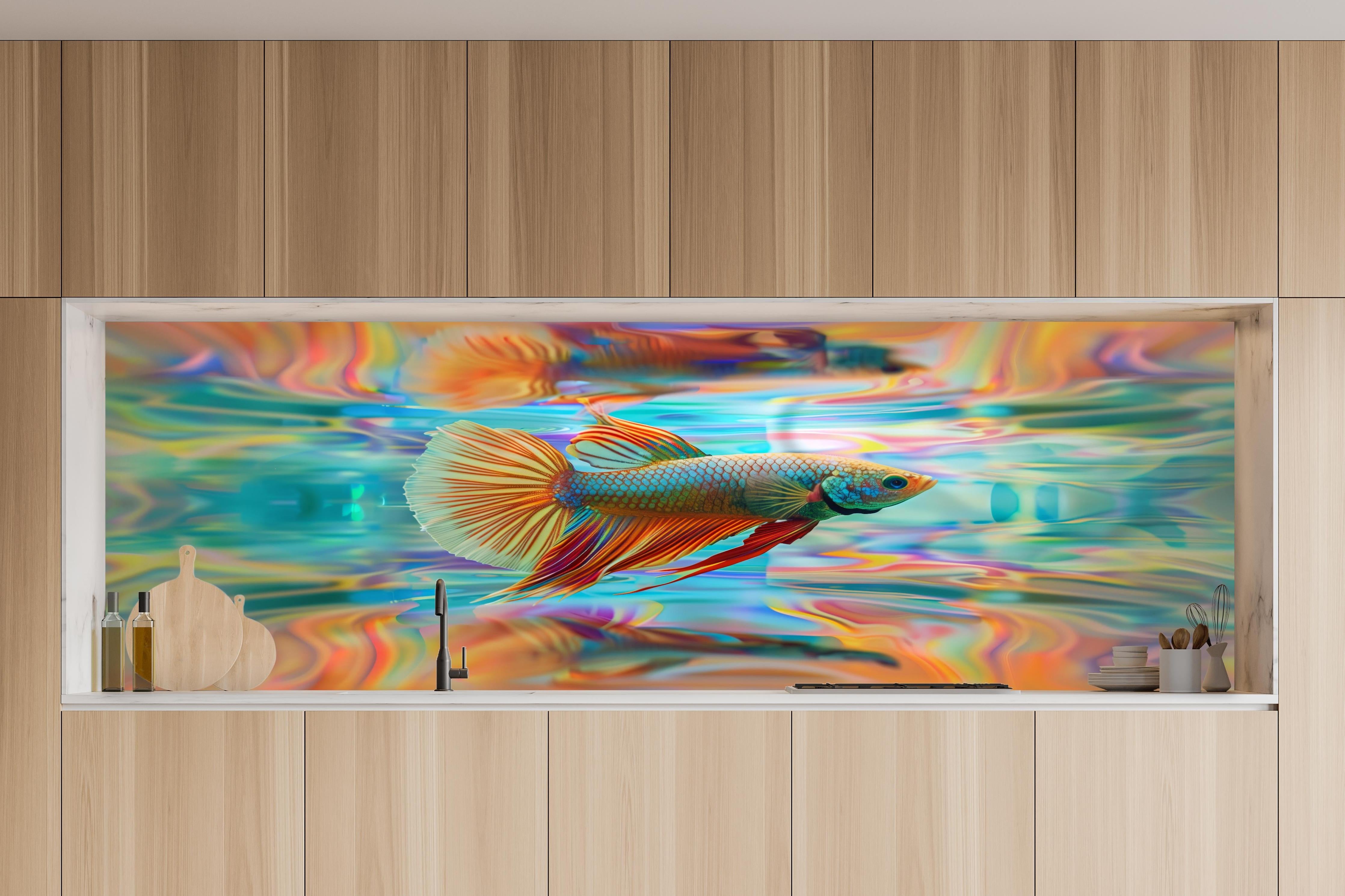 Küche - Bunter Betta-Fisch Türkis-Orange in charakteristischer Vollholz-Küche mit modernem Gasherd