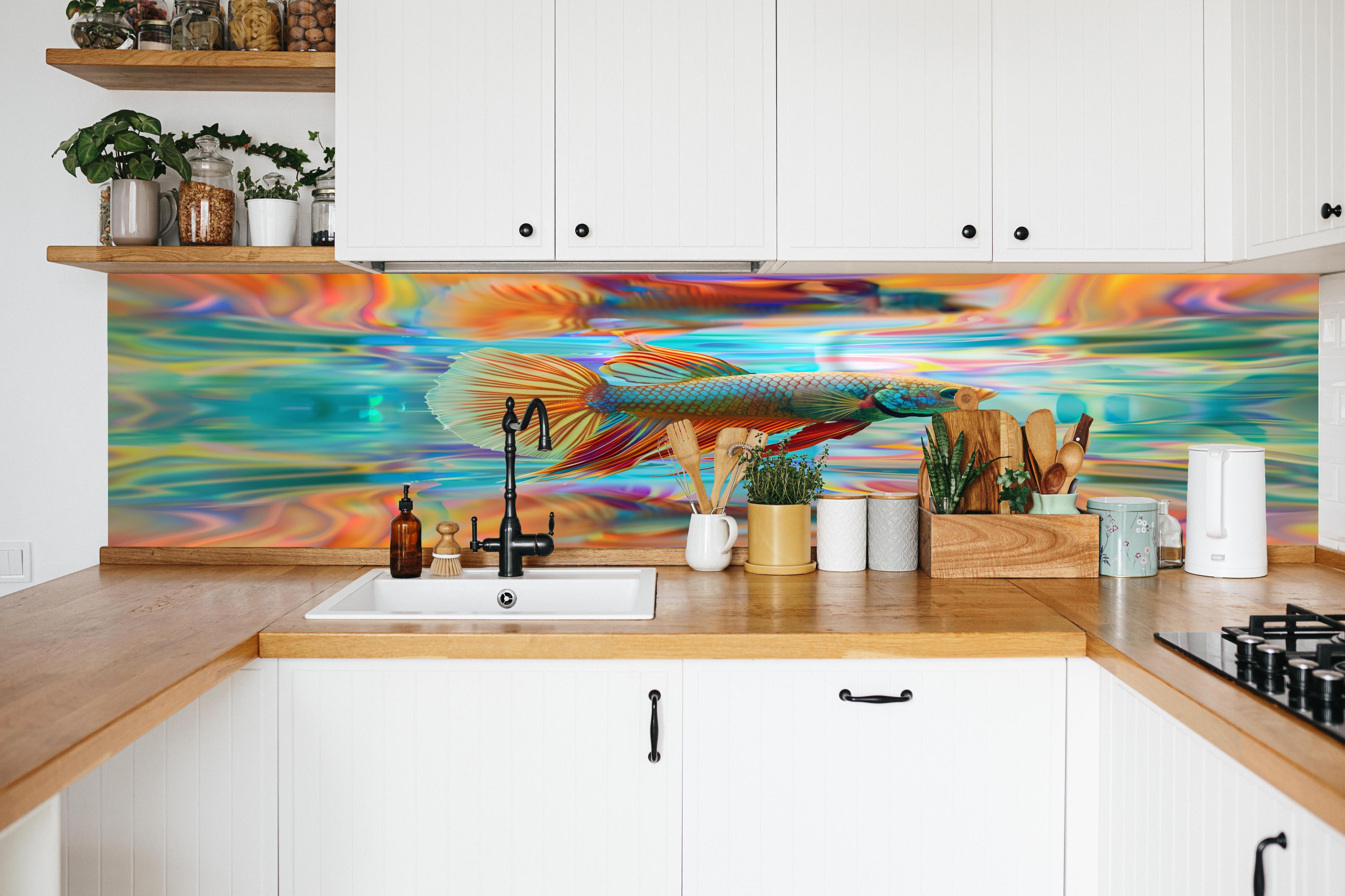 Küche - Bunter Betta-Fisch Türkis-Orange in weißer Küche hinter Gewürzen und Kochlöffeln aus Holz