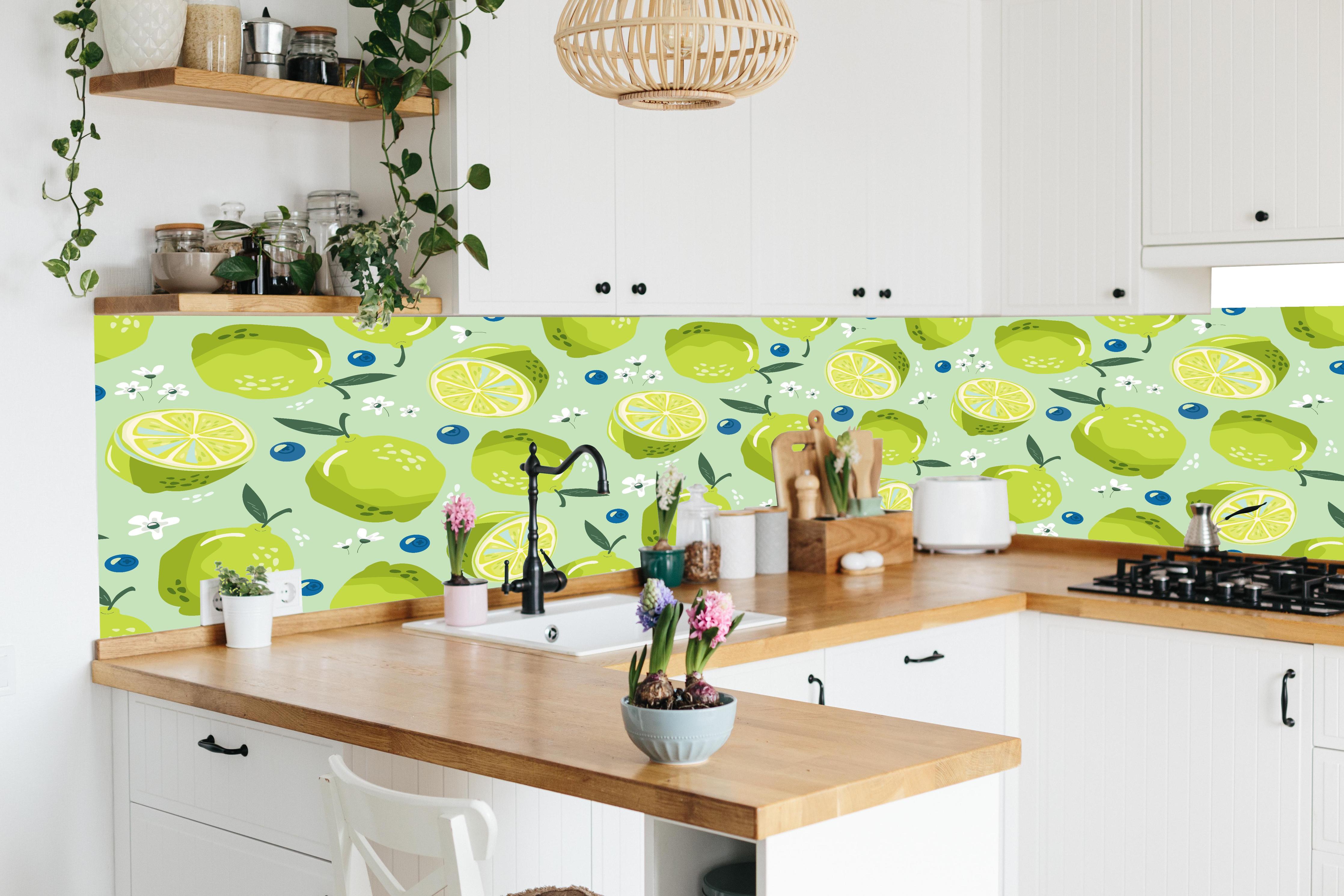 Küche - Citrus-Limetten-Muster in lebendiger Küche mit bunten Blumen