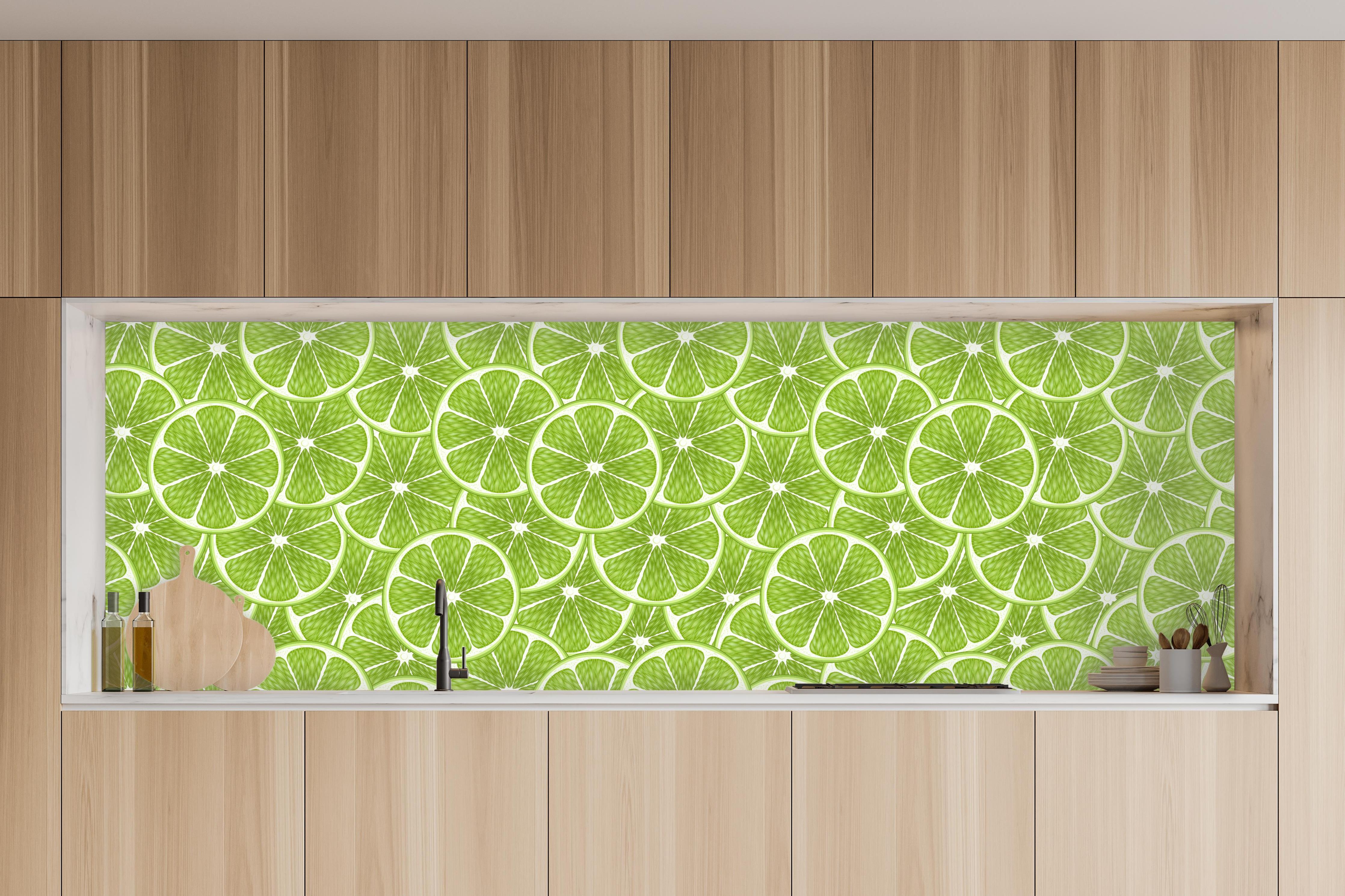 Küche - Citrus Limettenmuster Grün in charakteristischer Vollholz-Küche mit modernem Gasherd