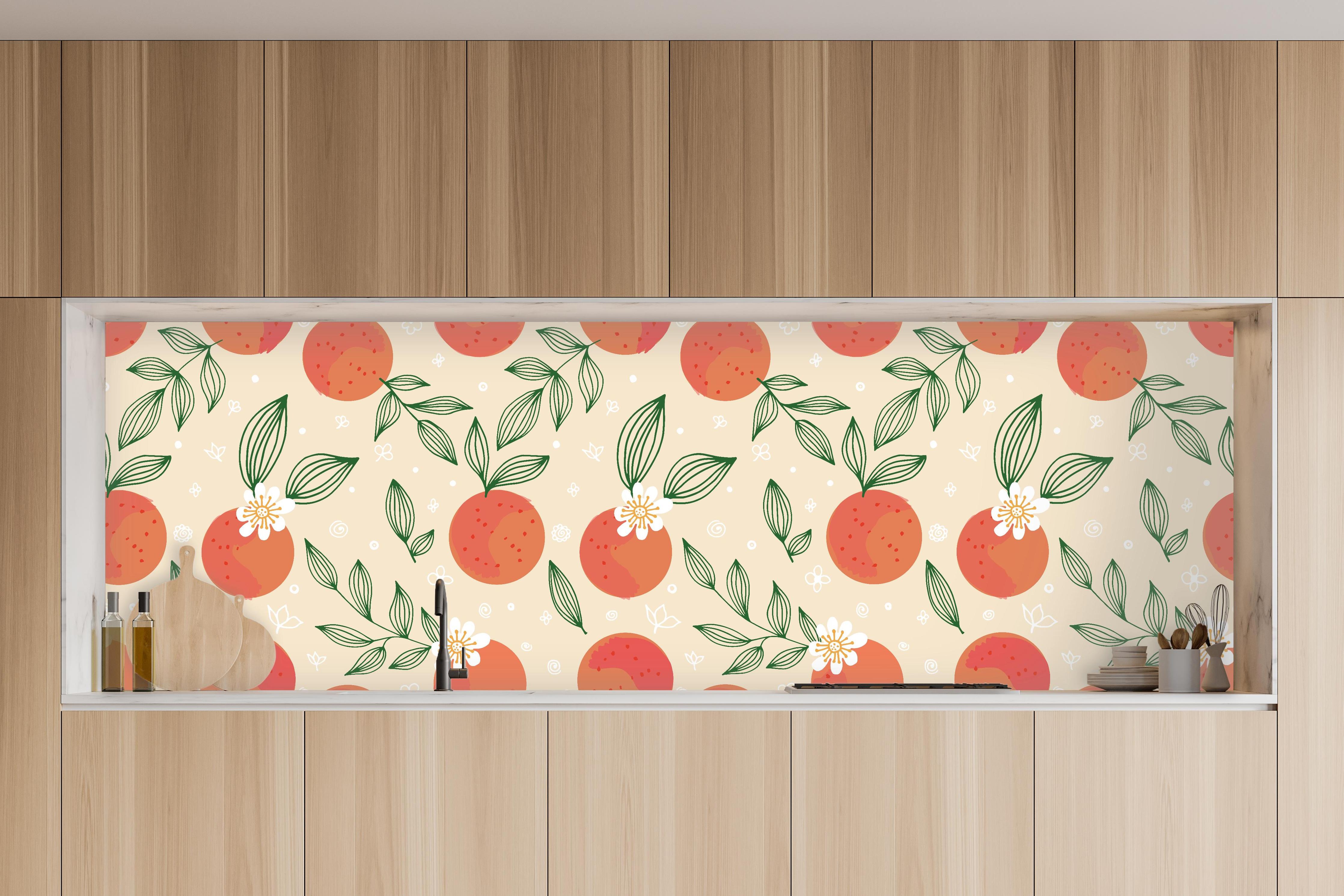 Küche - Citrus Orange Muster Beige in charakteristischer Vollholz-Küche mit modernem Gasherd