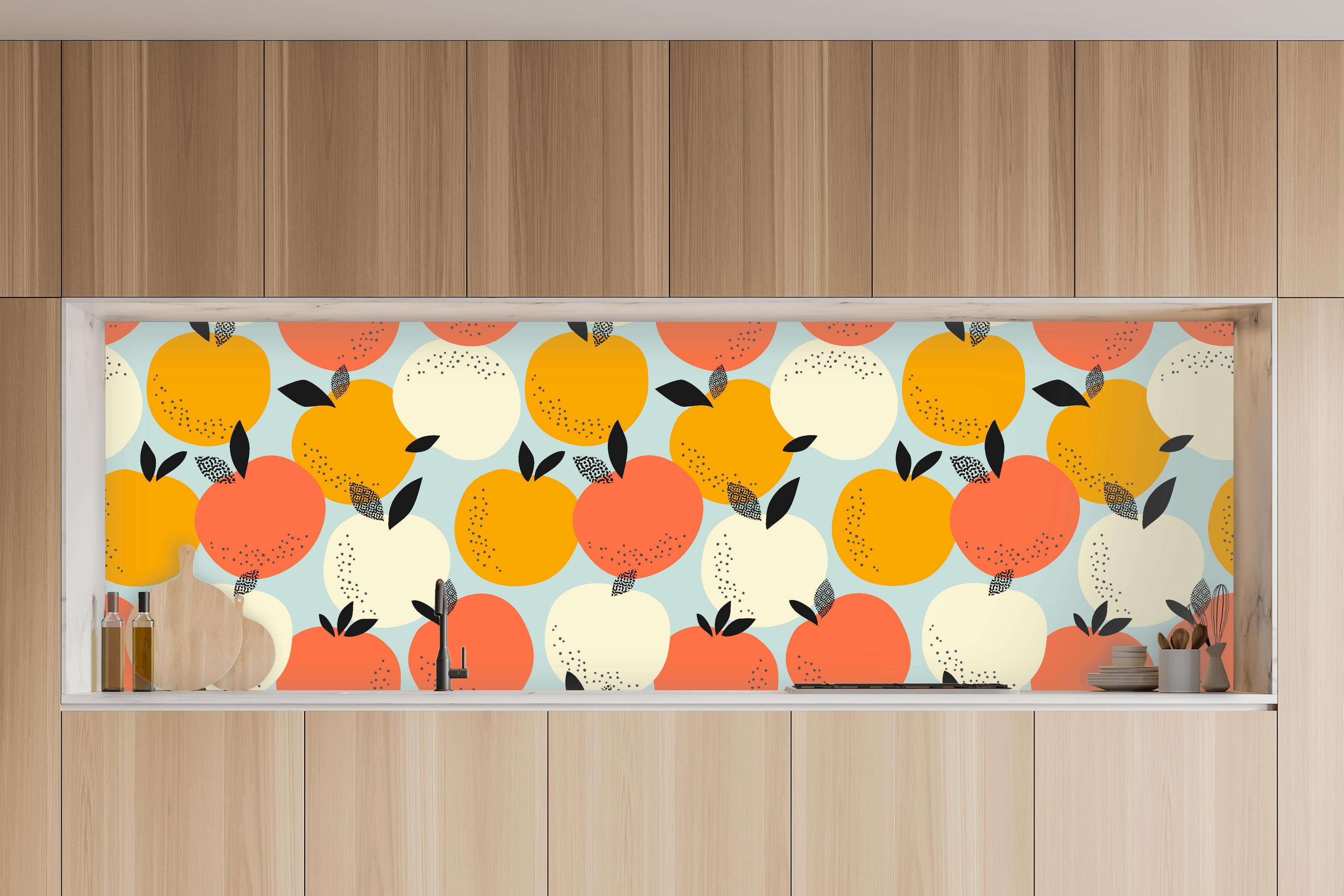 Küche - Citrus Orange Pattern in charakteristischer Vollholz-Küche mit modernem Gasherd