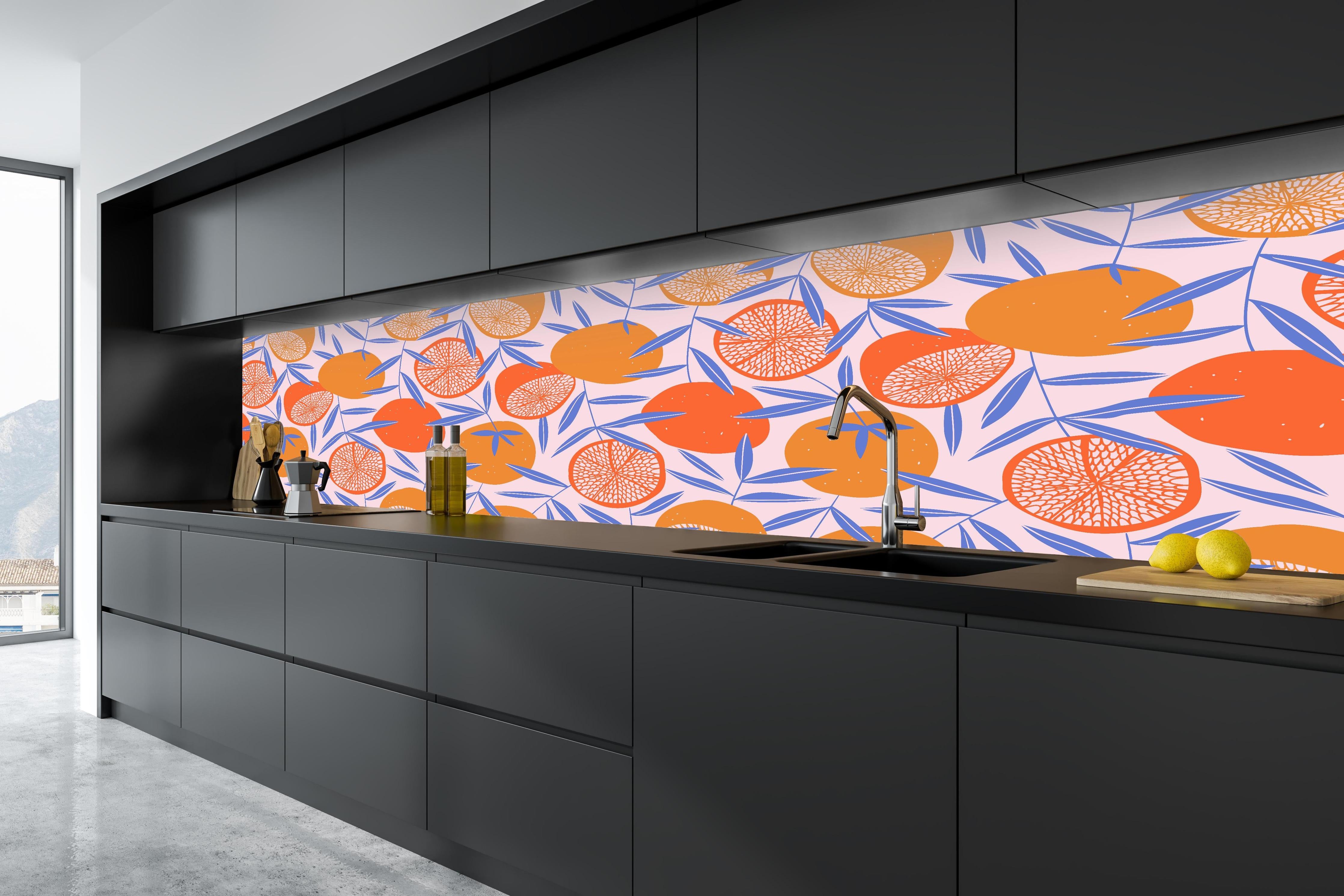 Küche - Citrus Orange Print in tiefschwarzer matt-premium Einbauküche