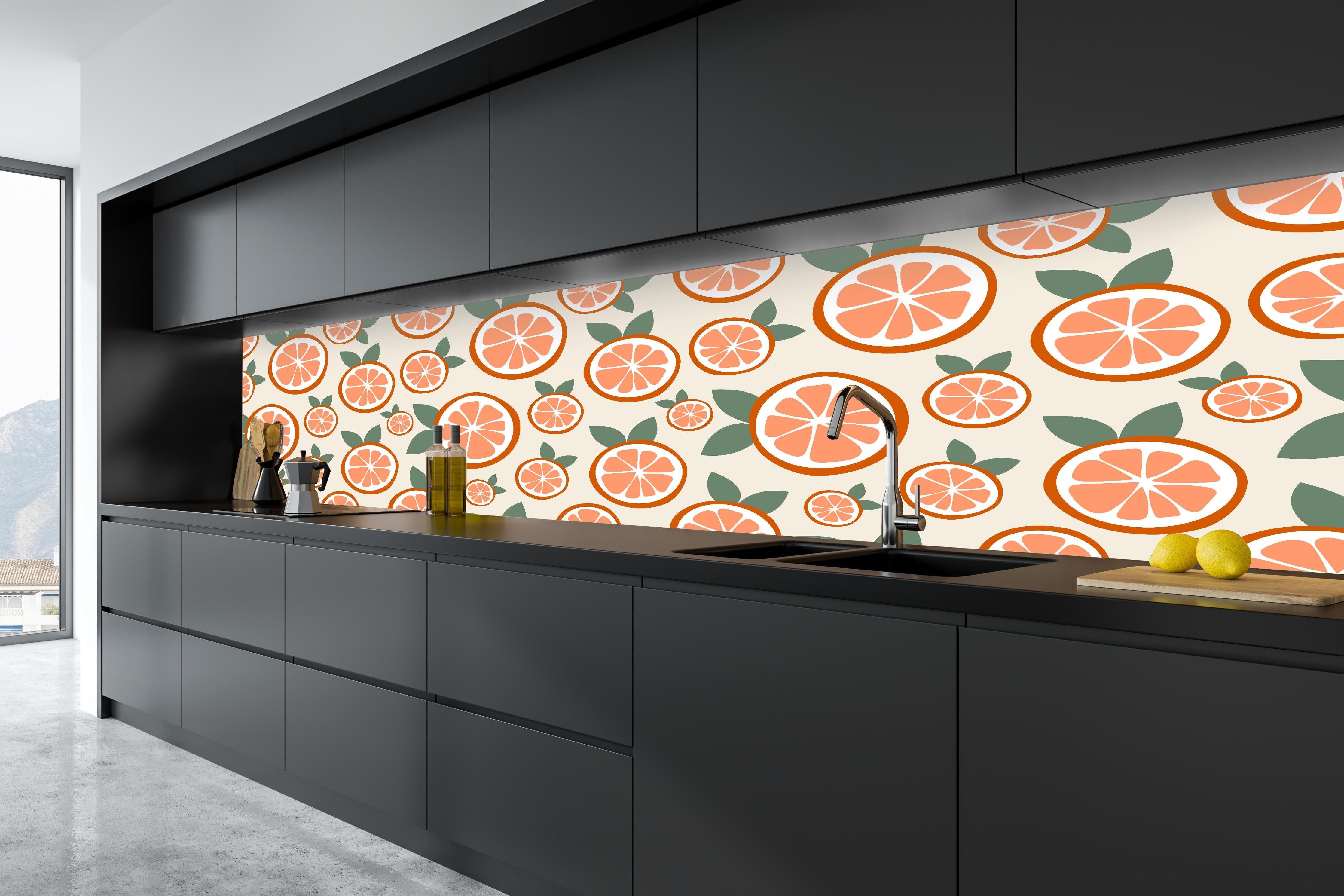 Küche - Citrus Orangenmuster Timeless Slice in tiefschwarzer matt-premium Einbauküche